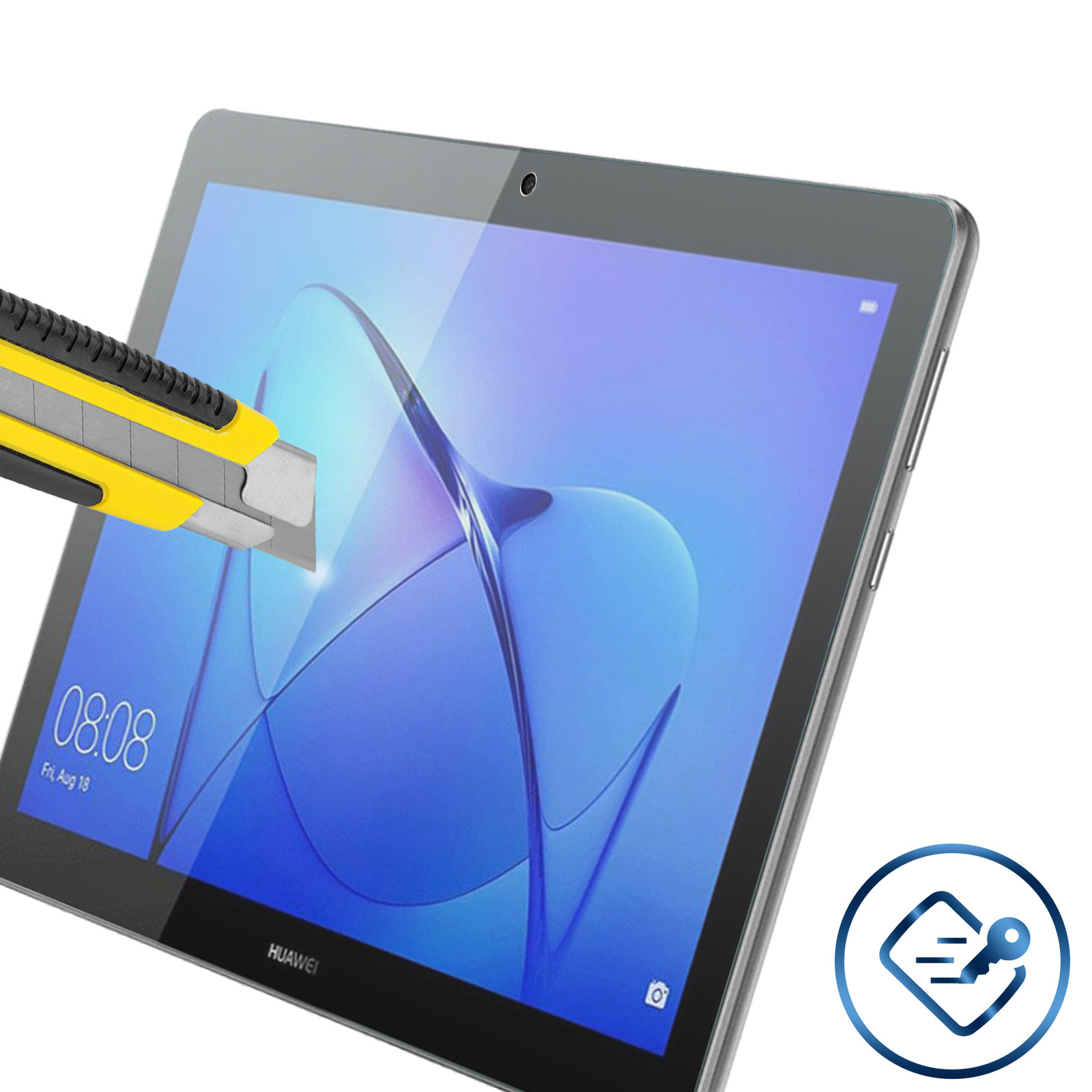 Een tablet met een schermbeschermer die wordt gesneden met een geelzwarte hobbymes.