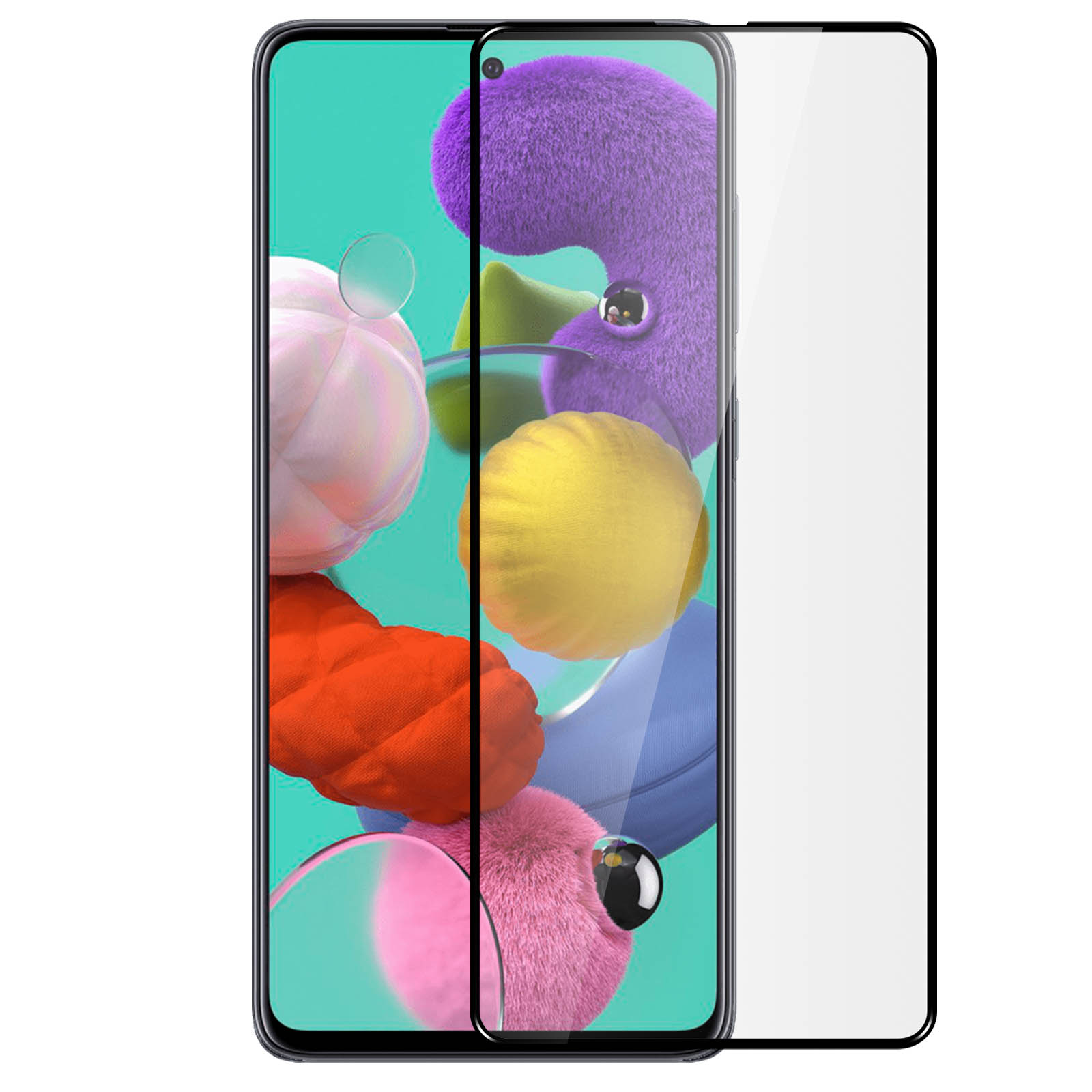Proteggi schermo per telefono su un telefono con arte astratta colorata. Pellicola protettiva a destra.