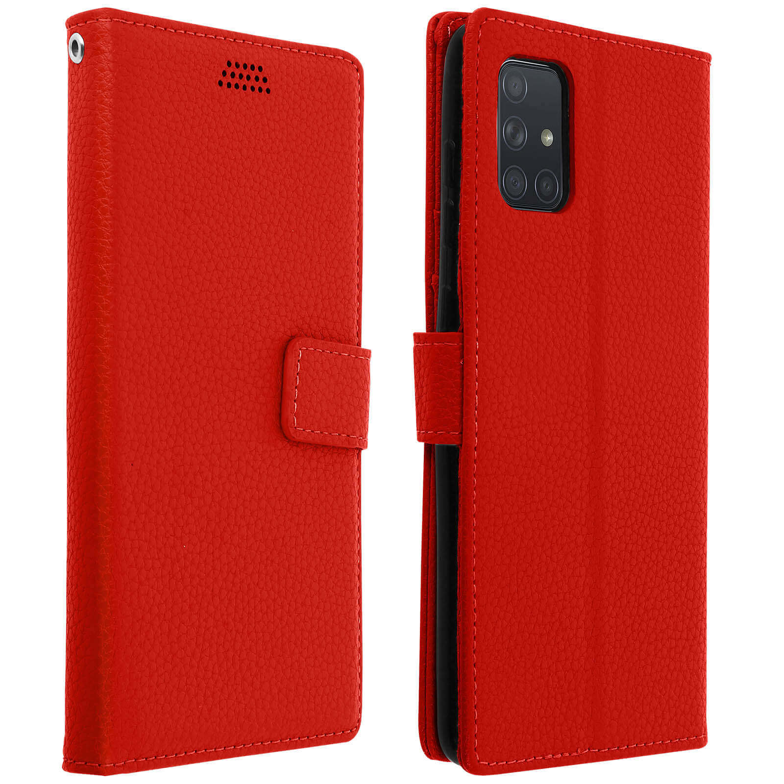 Coque de téléphone en cuir rouge, ouverte. Montre le téléphone et a une fermeture magnétique.
