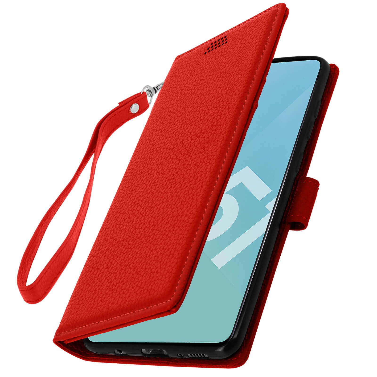 Étui portefeuille rouge pour téléphone. Ouvert, montrant l'écran. Dragonne attachée. Téléphone noir, écran bleu clair.