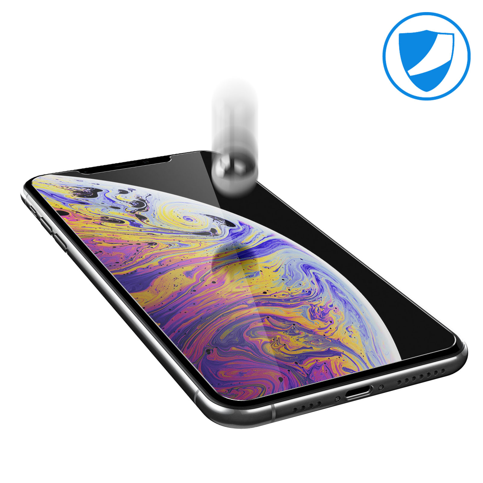 Schermo del telefono con protezione in vetro. Una palla sta per colpire il telefono. Icona scudo.