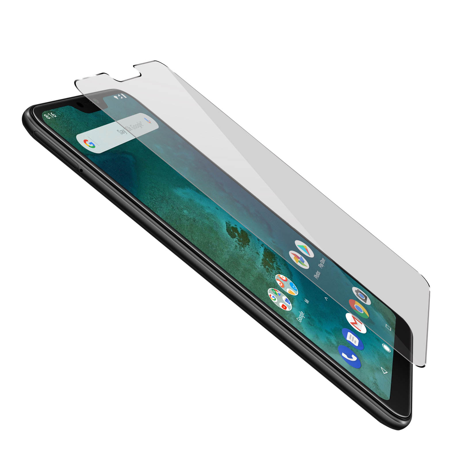Telefono con protezione schermo, vista angolata.