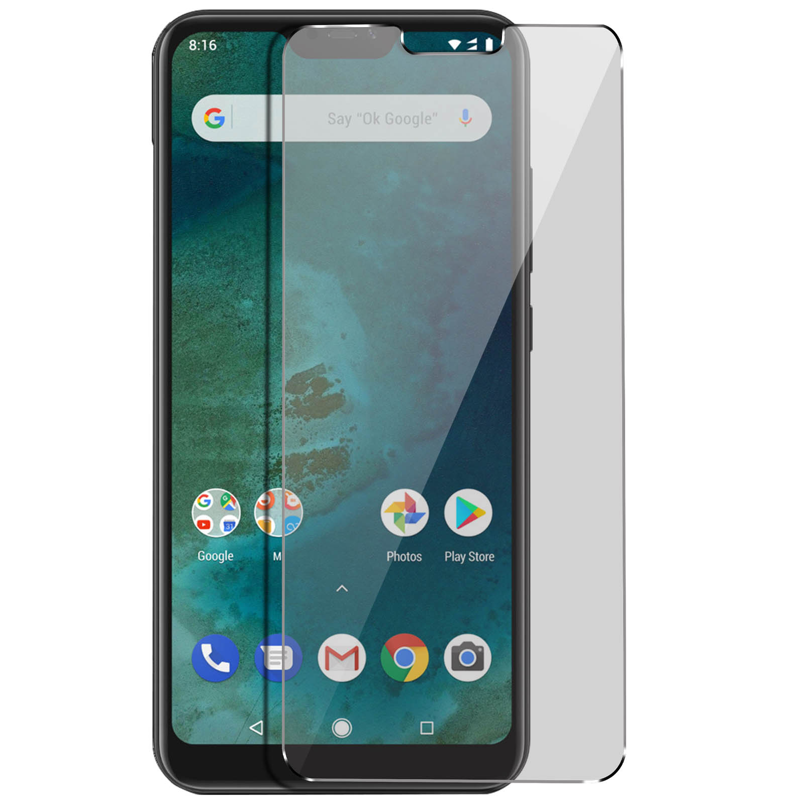 Een telefoon met een schermbeschermer wordt getoond. De telefoon toont apps en tijd. Transparante beschermer.