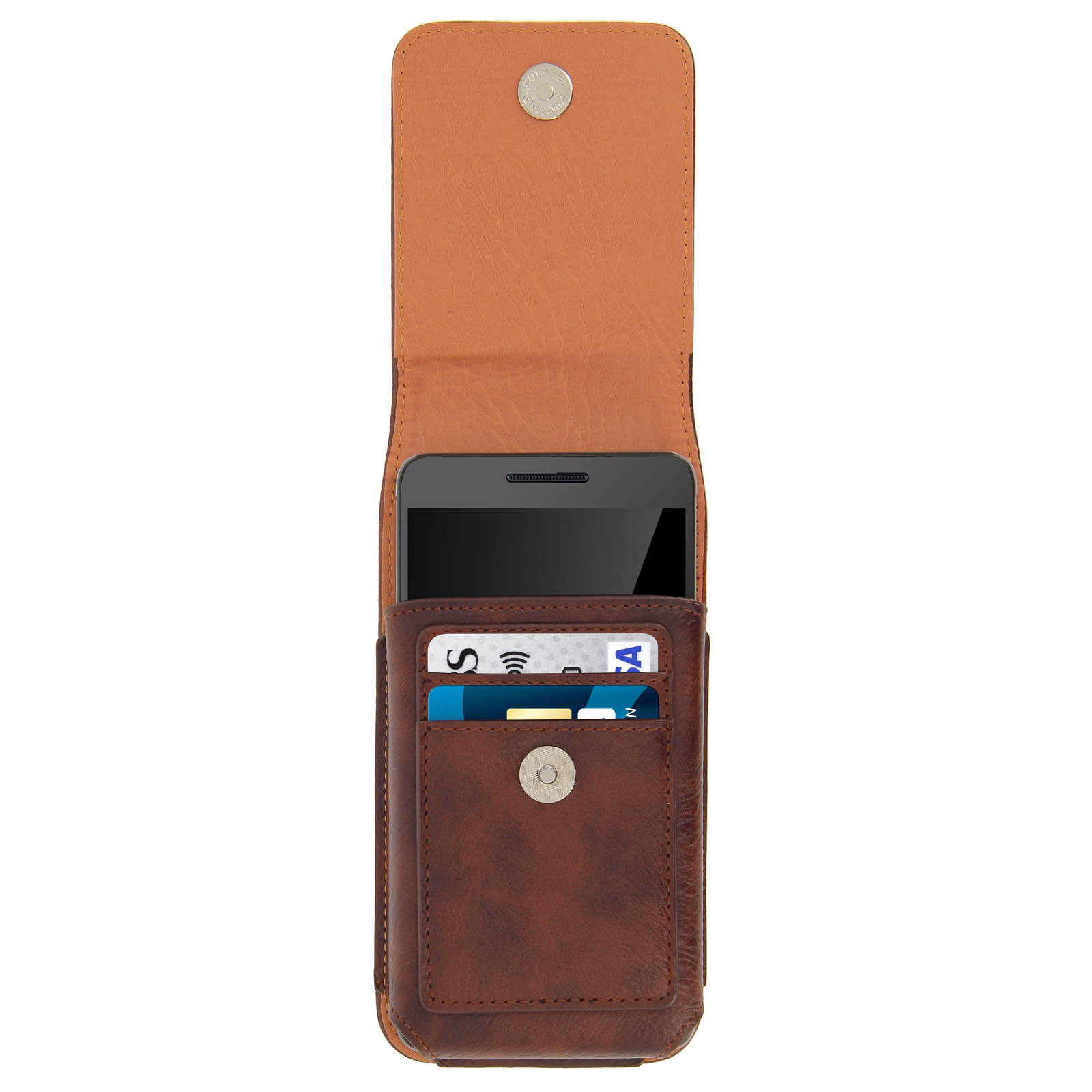 Una custodia per telefono in pelle marrone, aperta. All'interno, un telefono e fessure per carte.