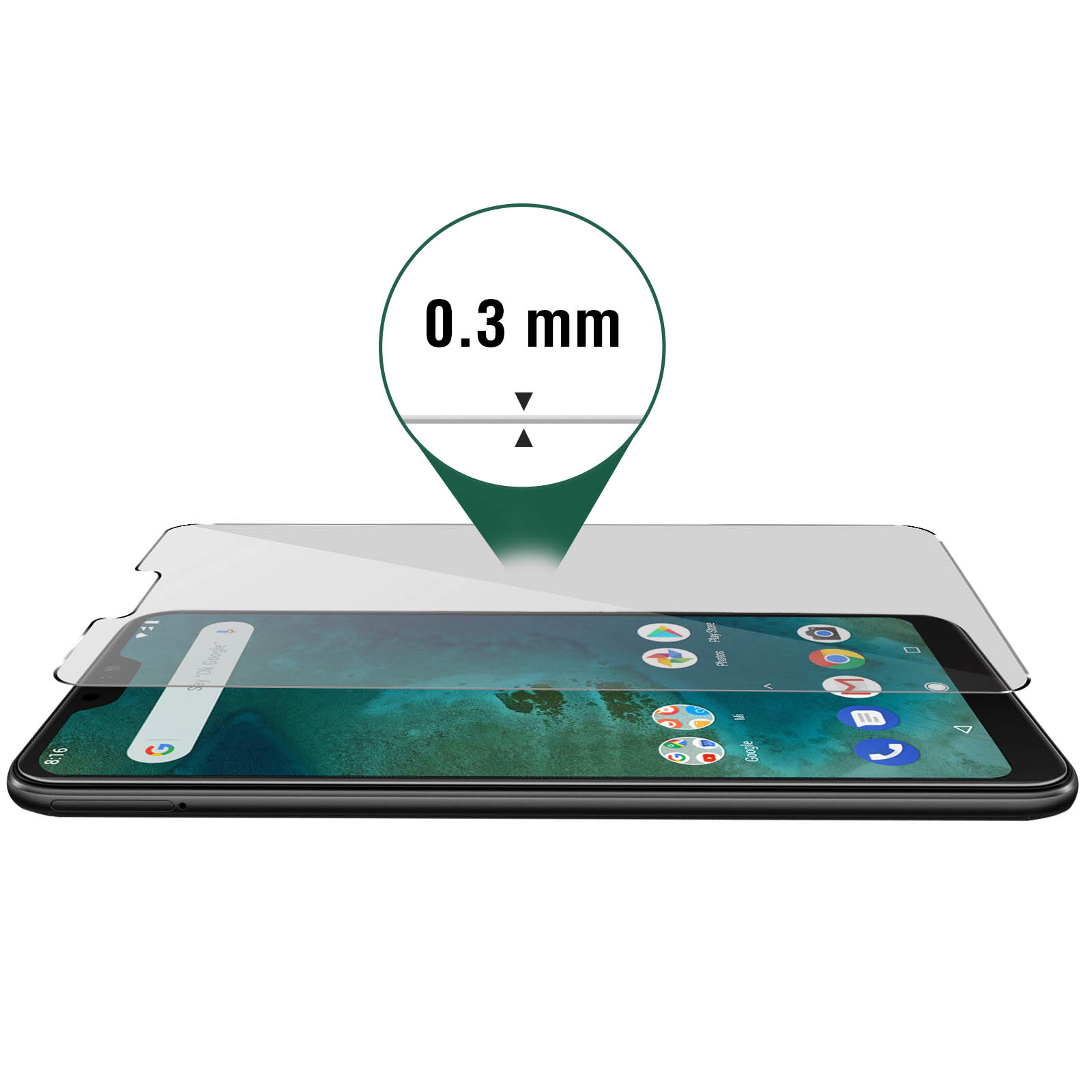 Un telefono con protezione per lo schermo. Un cerchio verde indica lo spessore della protezione: 0,3 mm.
