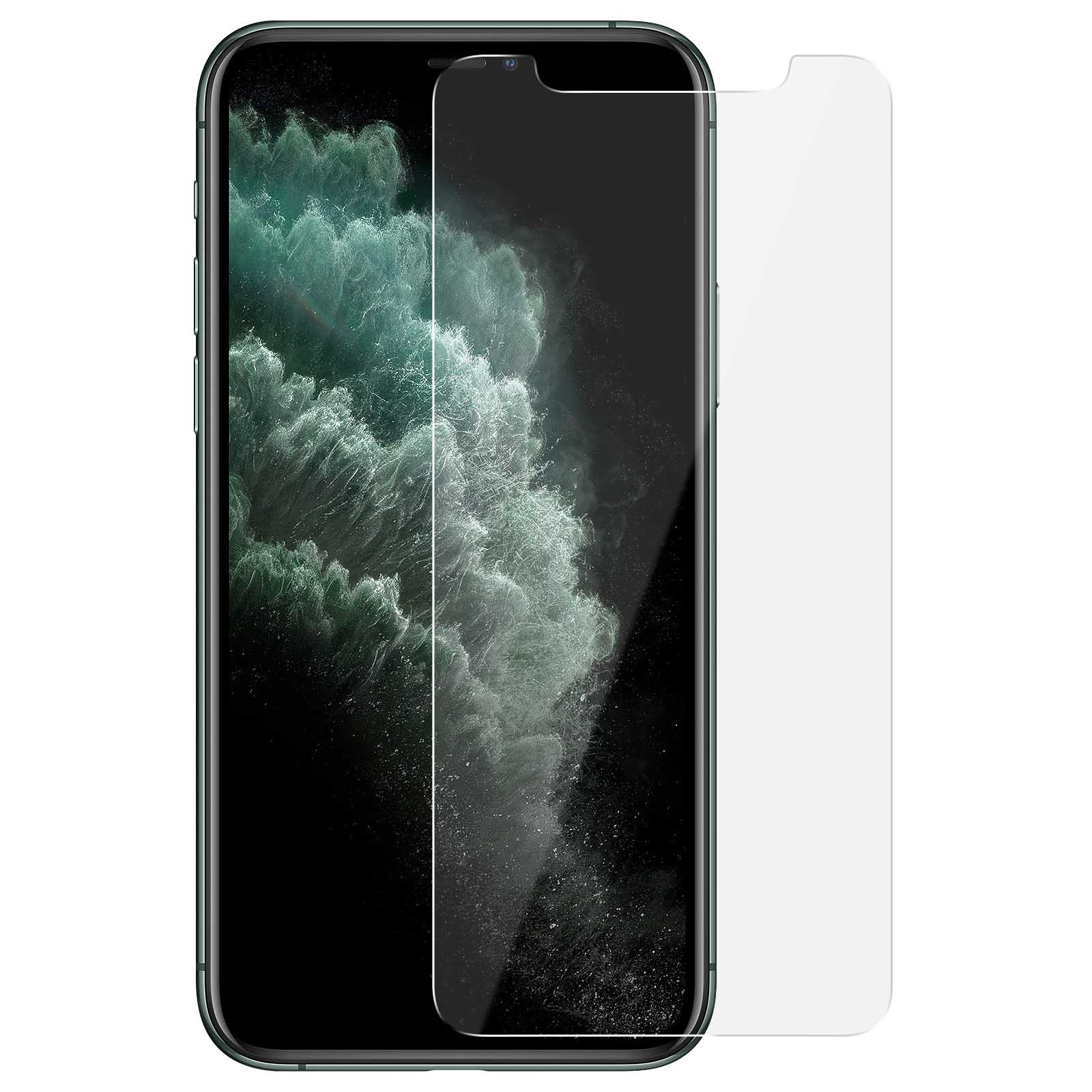 Screen protector on a phone. Clear, rectangular glass, covering the screen.