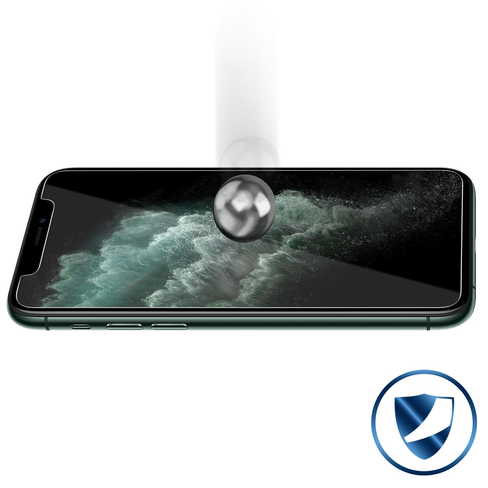 Smartphone with glass screen protector and metal ball falling down. Shield icon in the corner.