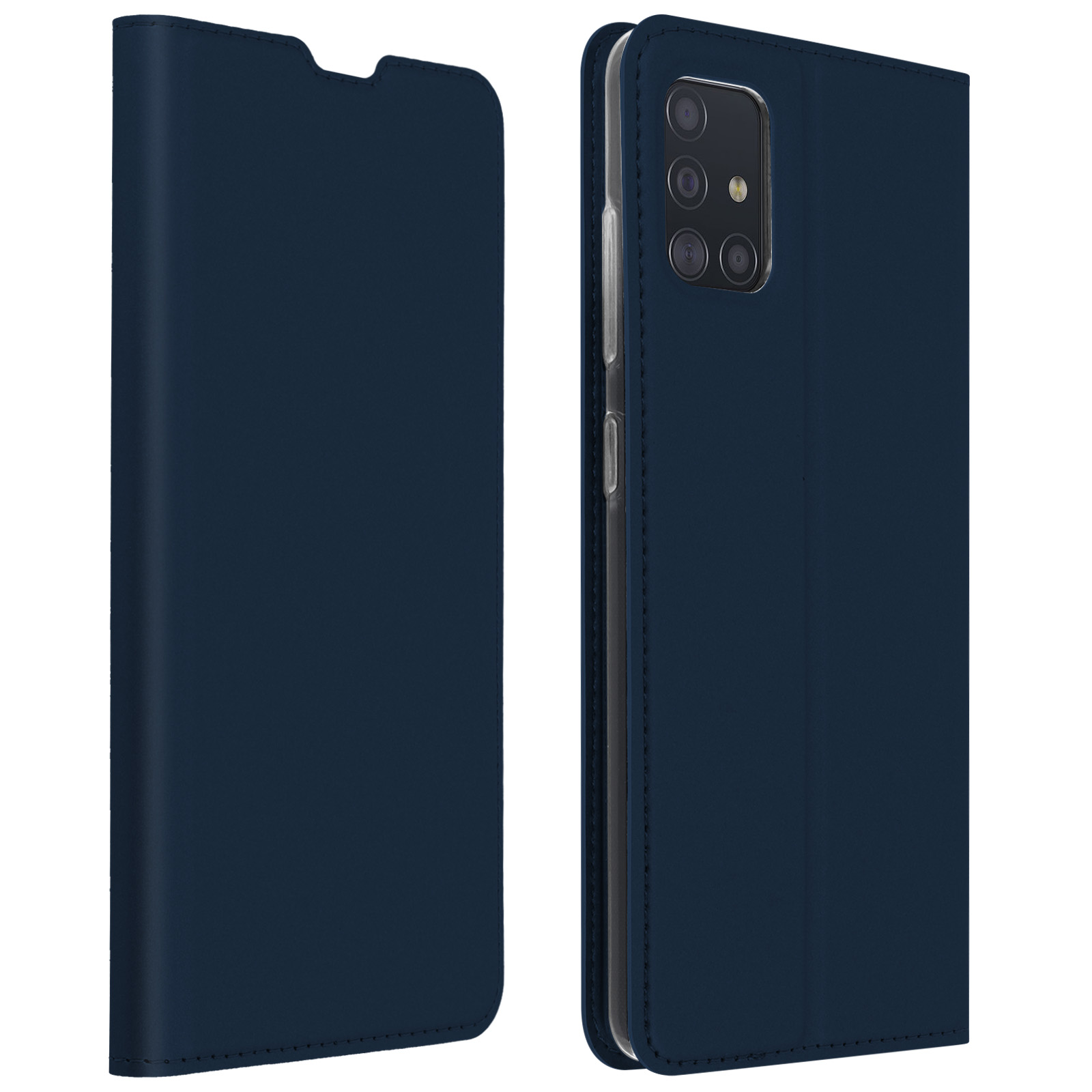 Un étui de téléphone bleu foncé ouvert à gauche et montrant le téléphone à droite. Le couvercle est fermé.