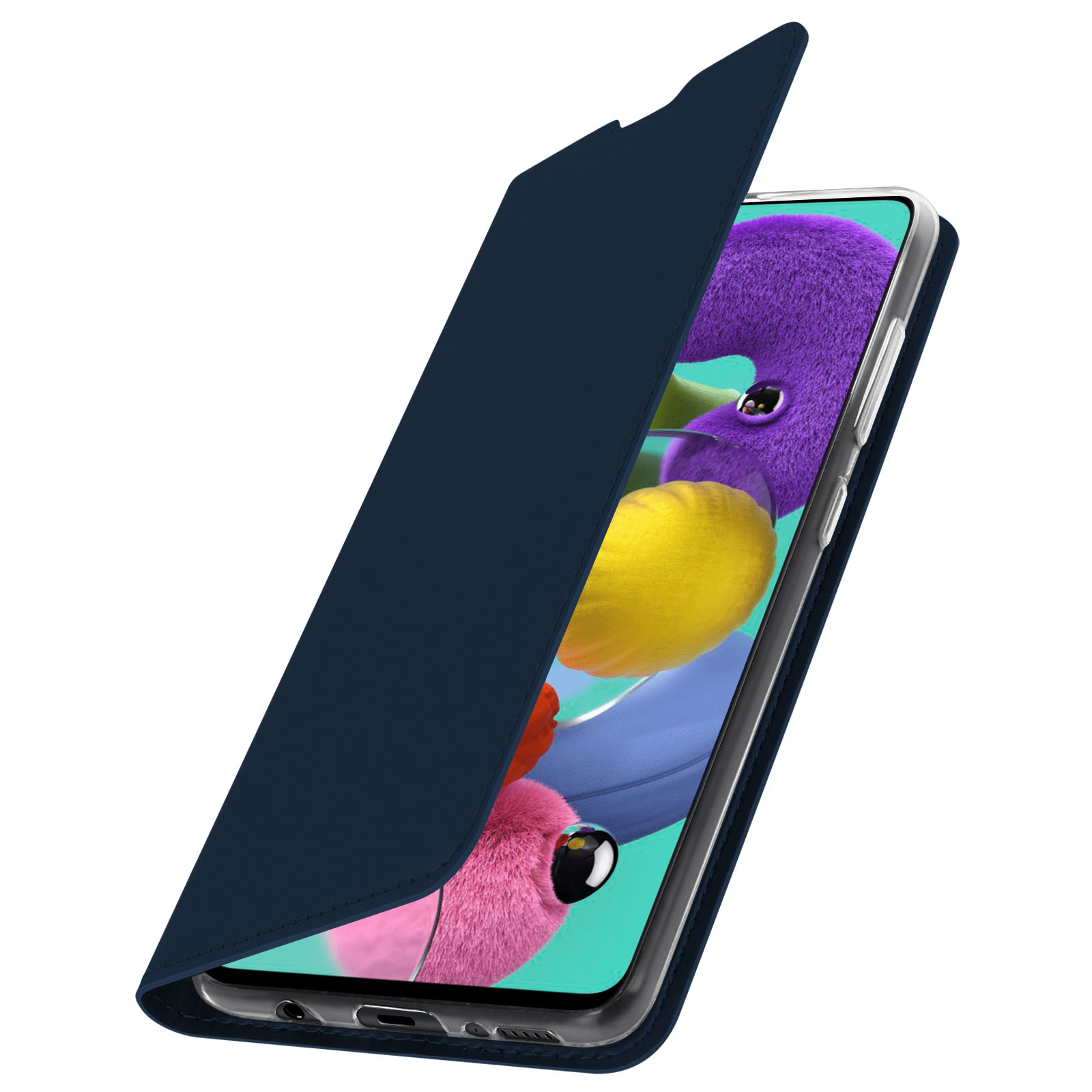 Étui de téléphone bleu foncé, ouvert pour révéler l'écran. L'écran affiche un fond.