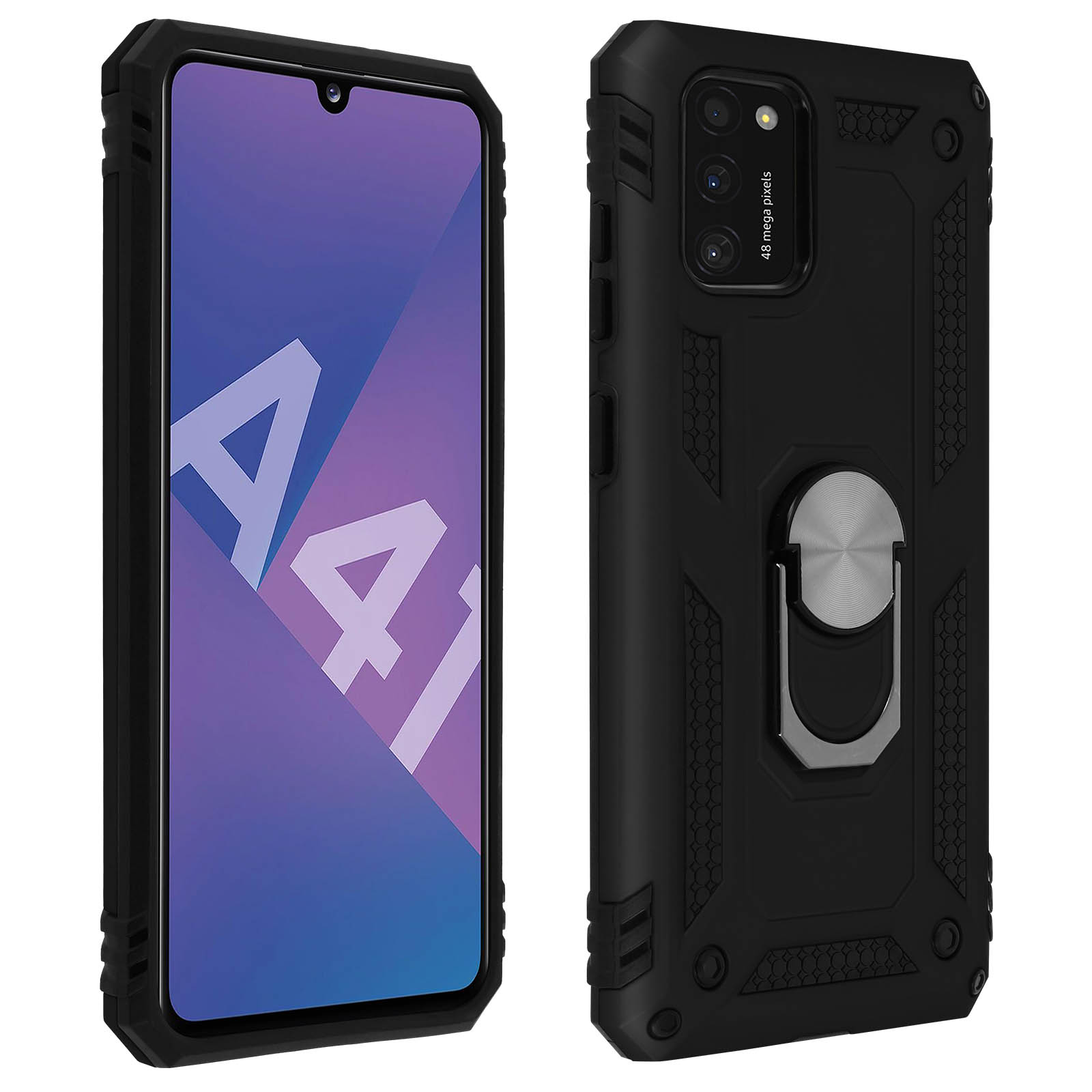 Custodia per telefono nera e nera. Custodia a due tonalità con un supporto ad anello. Schermo del telefono visibile.