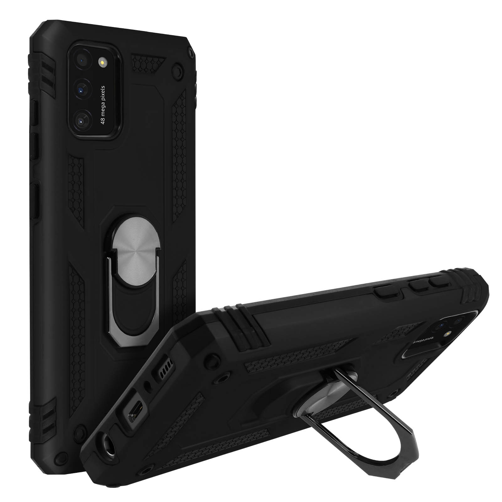 Due custodie nere per telefono con supporti ad anello argentati. Una è in piedi, l'altra è appoggiata con il supporto.