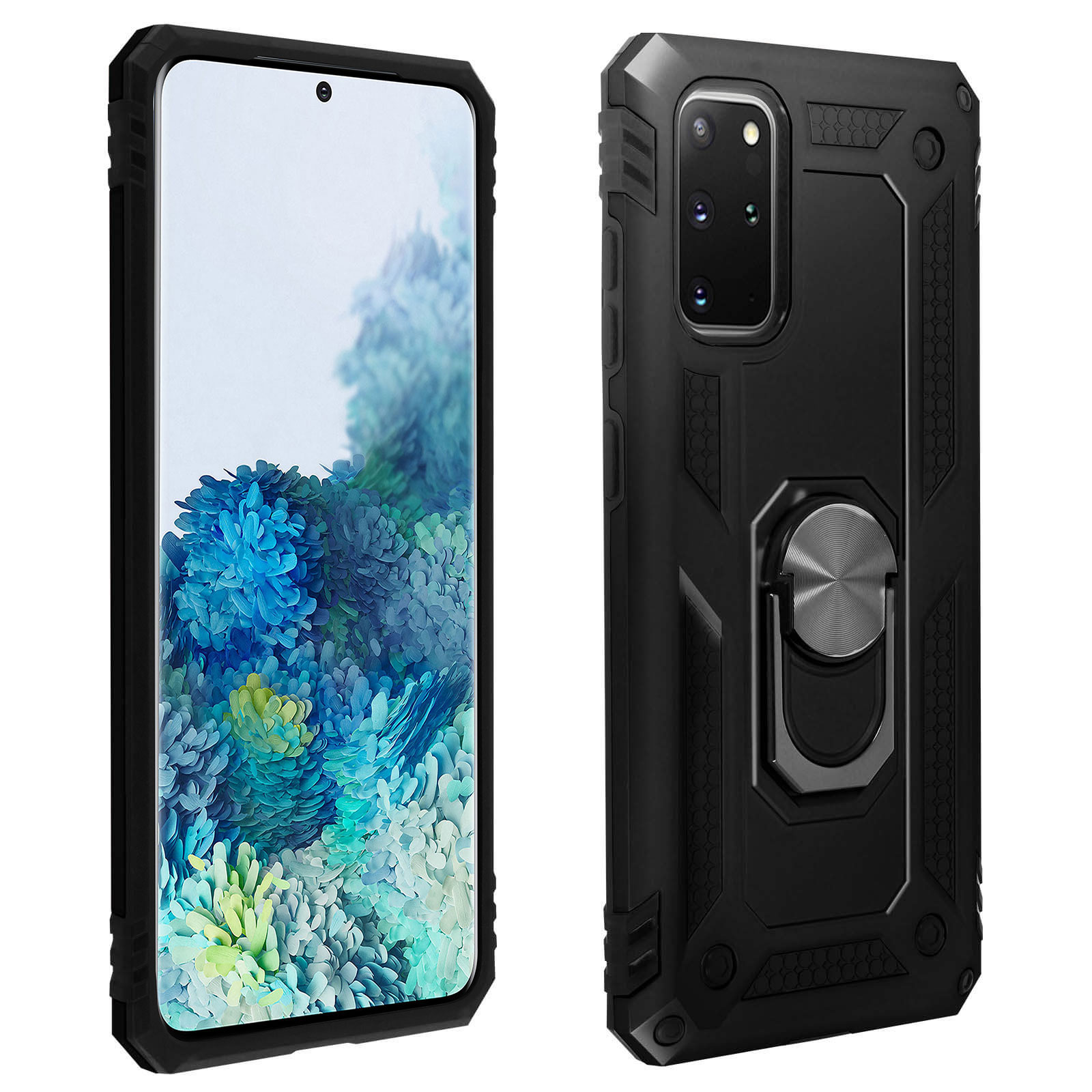 Zwarte telefoonhoes met ringhouder. Scherm toont blauw bloemenpatroon. Heeft zwarte rand.