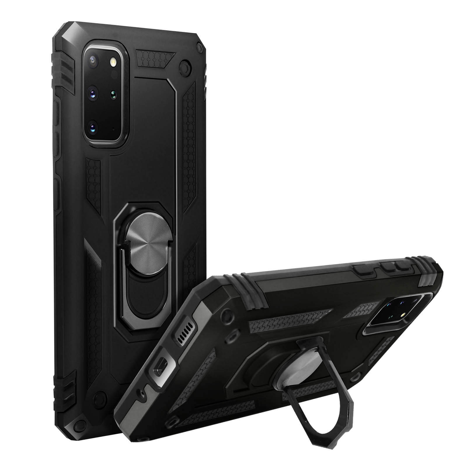 Zwarte telefoonhoes met een ringhouder. De hoes beschermt een smartphone.