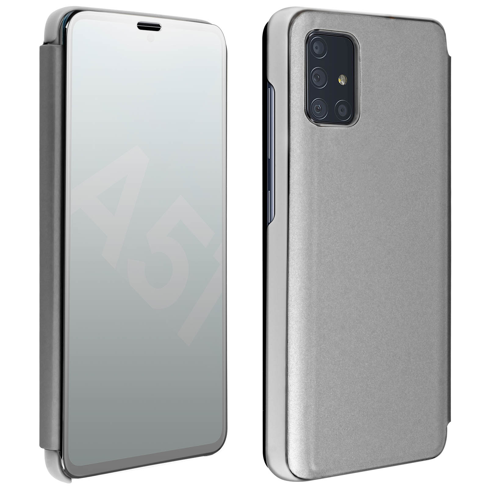 Custodia per telefono argentata, con una cover frontale riflettente. Telefono a destra, fotocamera visibile.