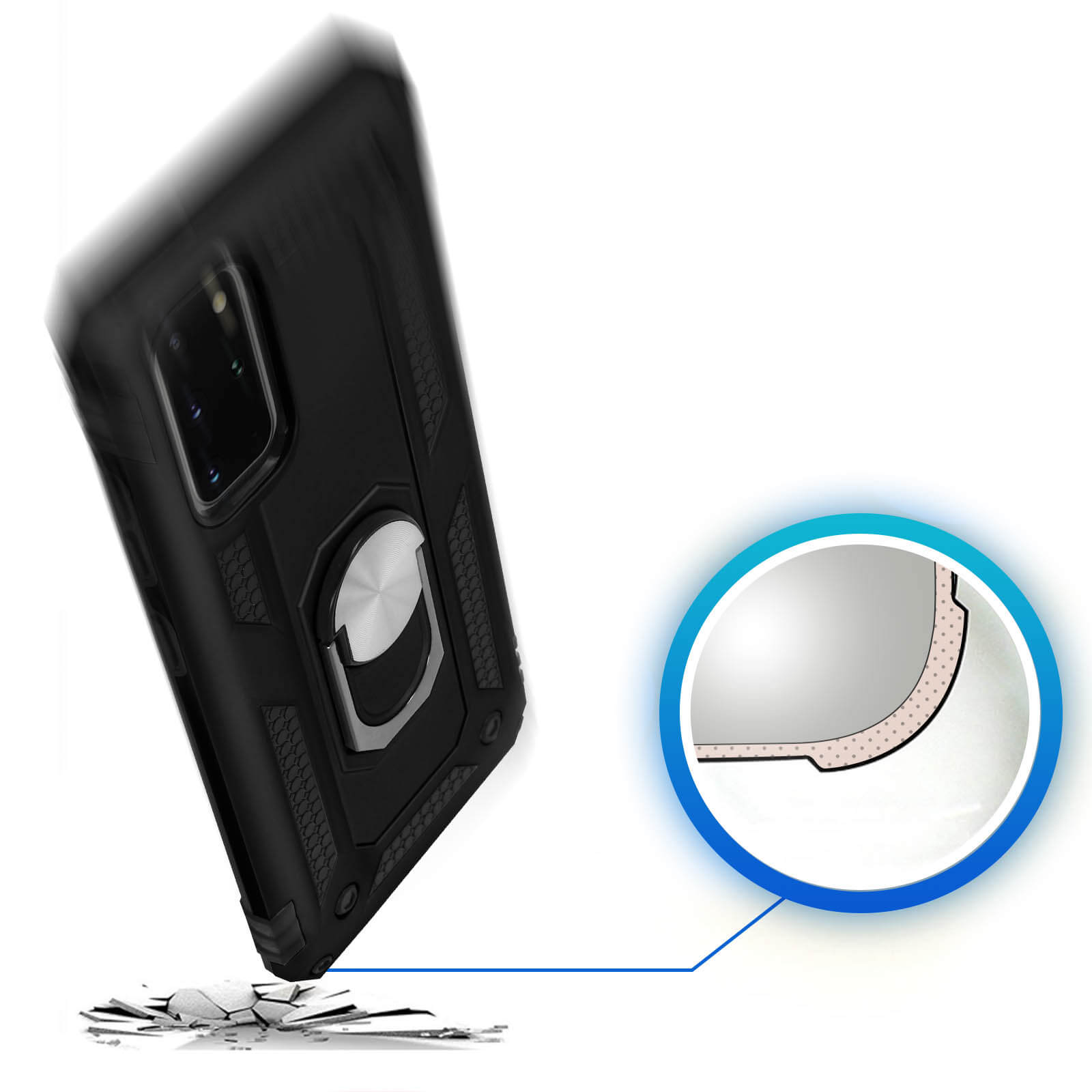 Zwarte telefoonhoes met een zilveren ring. Een gedeelte is vergroot om de details van de binnenkant te laten zien.