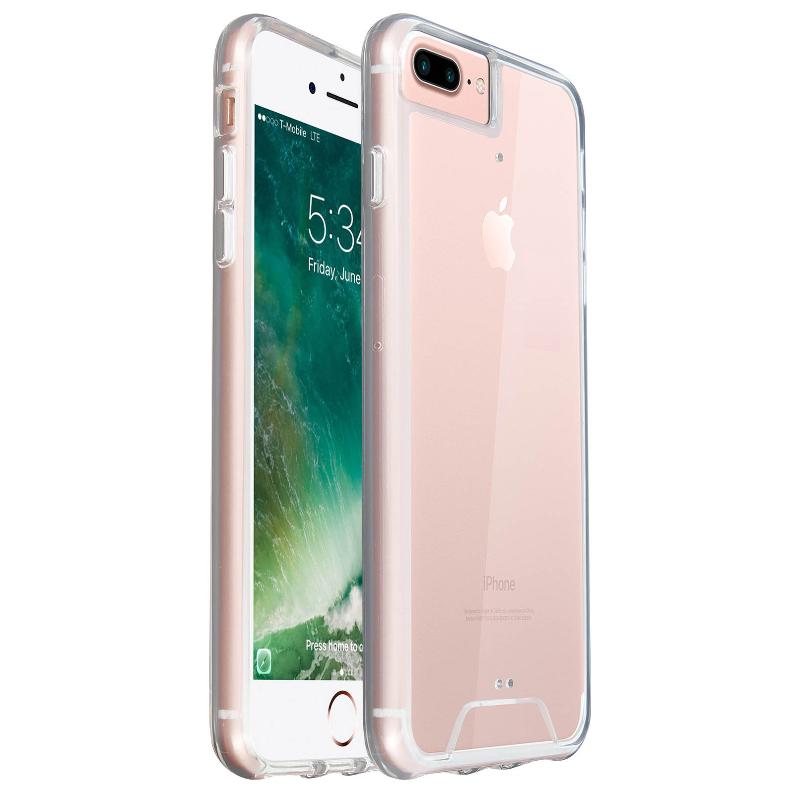 Due iPhone, uno con custodia trasparente. Telefono rosa, custodia trasparente. Sfondo bianco, illuminazione neutra.
