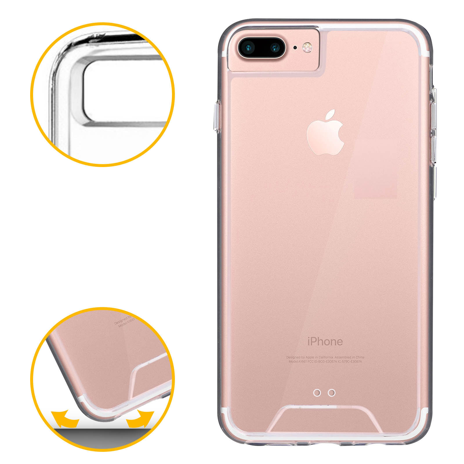 Custodia trasparente su telefono rosa. Dettaglio con frecce che indicano dettagli.