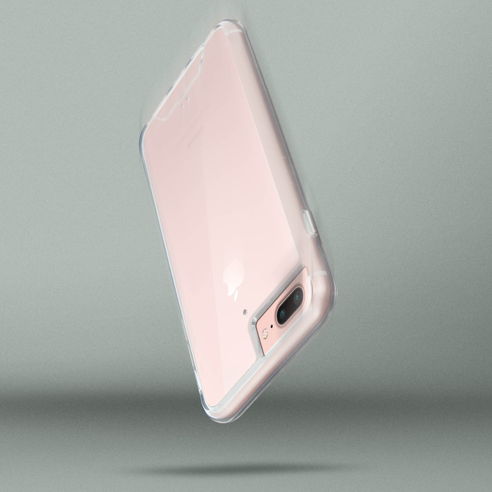 Custodia trasparente su un telefono rosa. Lo sfondo è grigio.