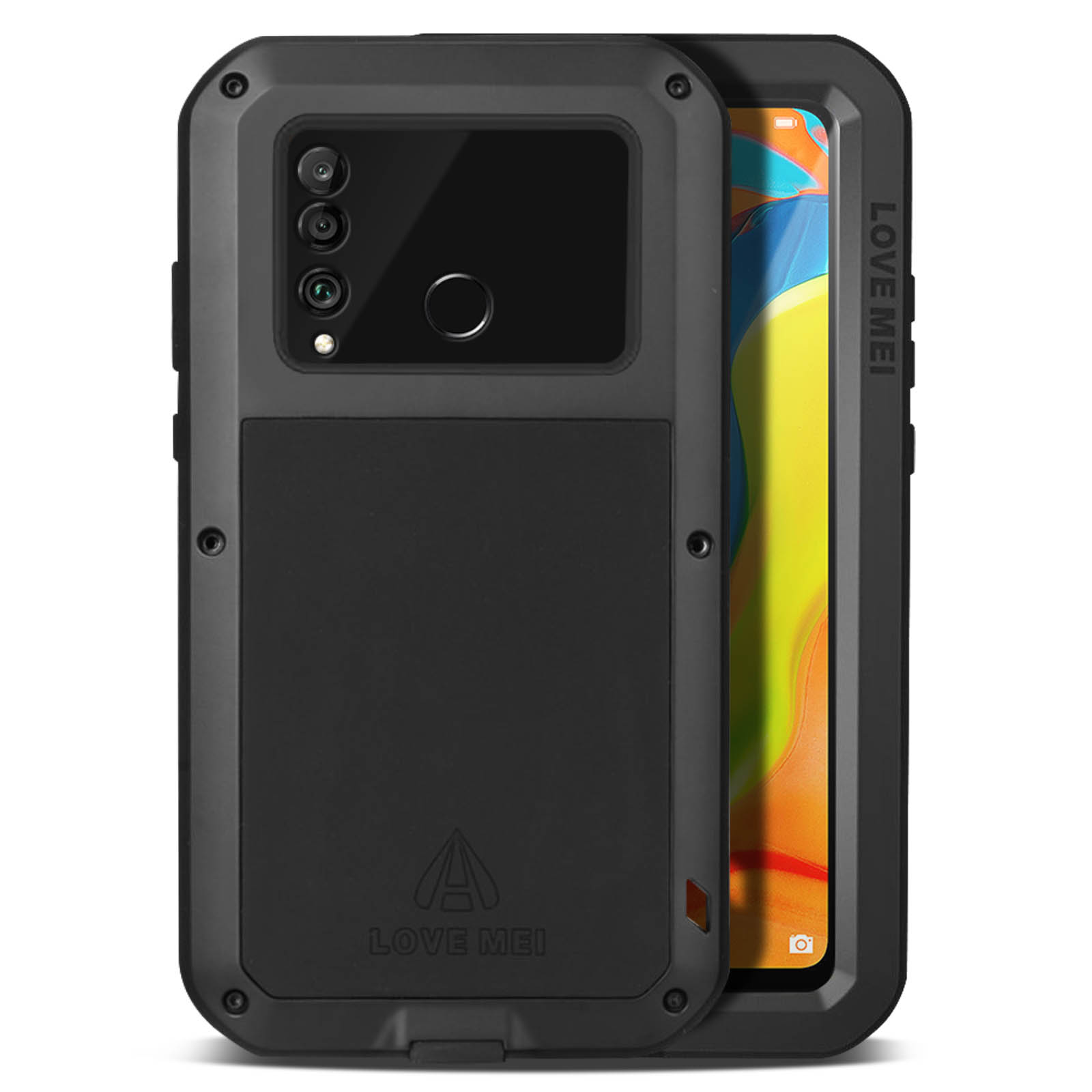 Custodia per telefono nera e robusta. Ha una protezione per lo schermo e un ritaglio per la fotocamera. Lo schermo del telefono è visibile.