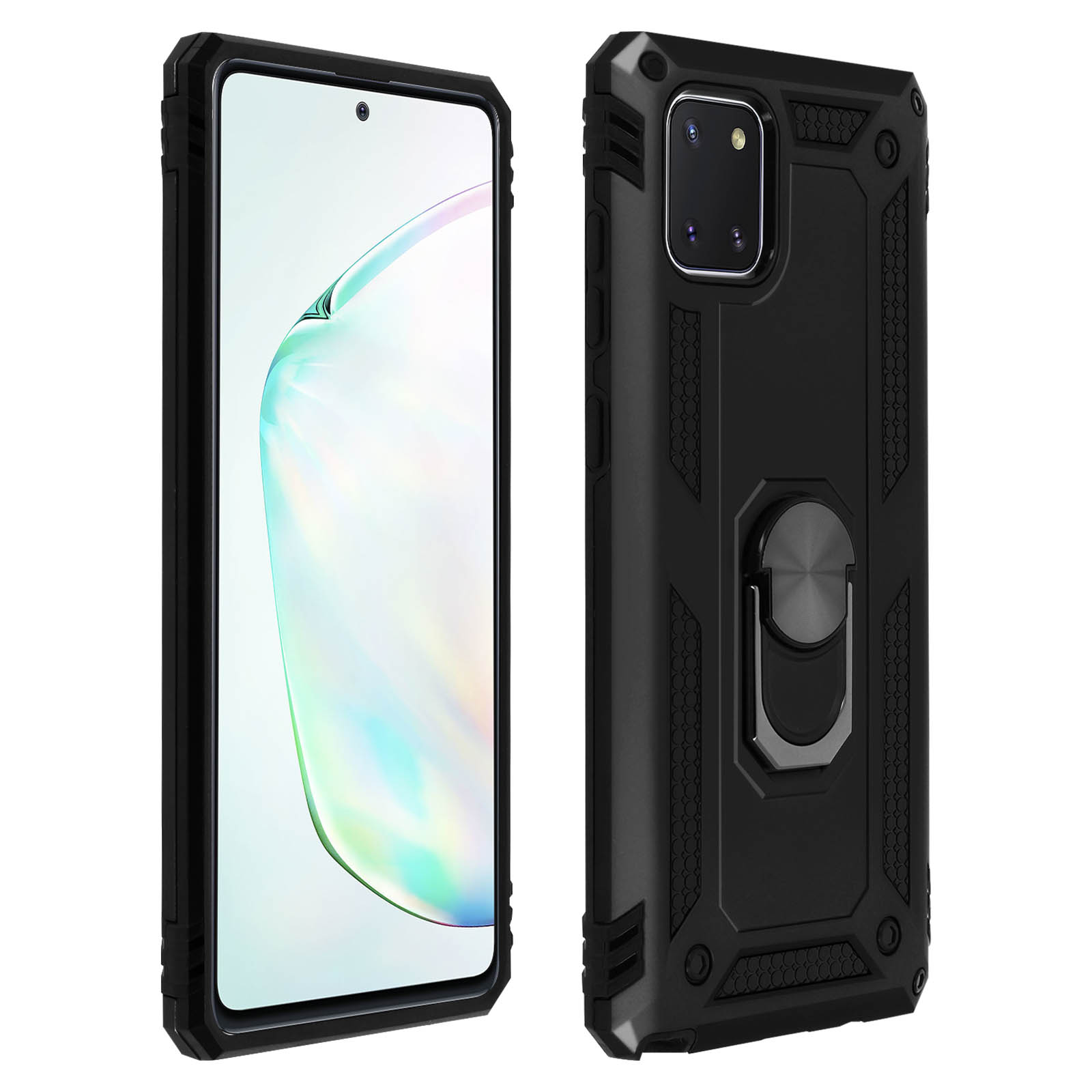 Una custodia per telefono nera con un anello.