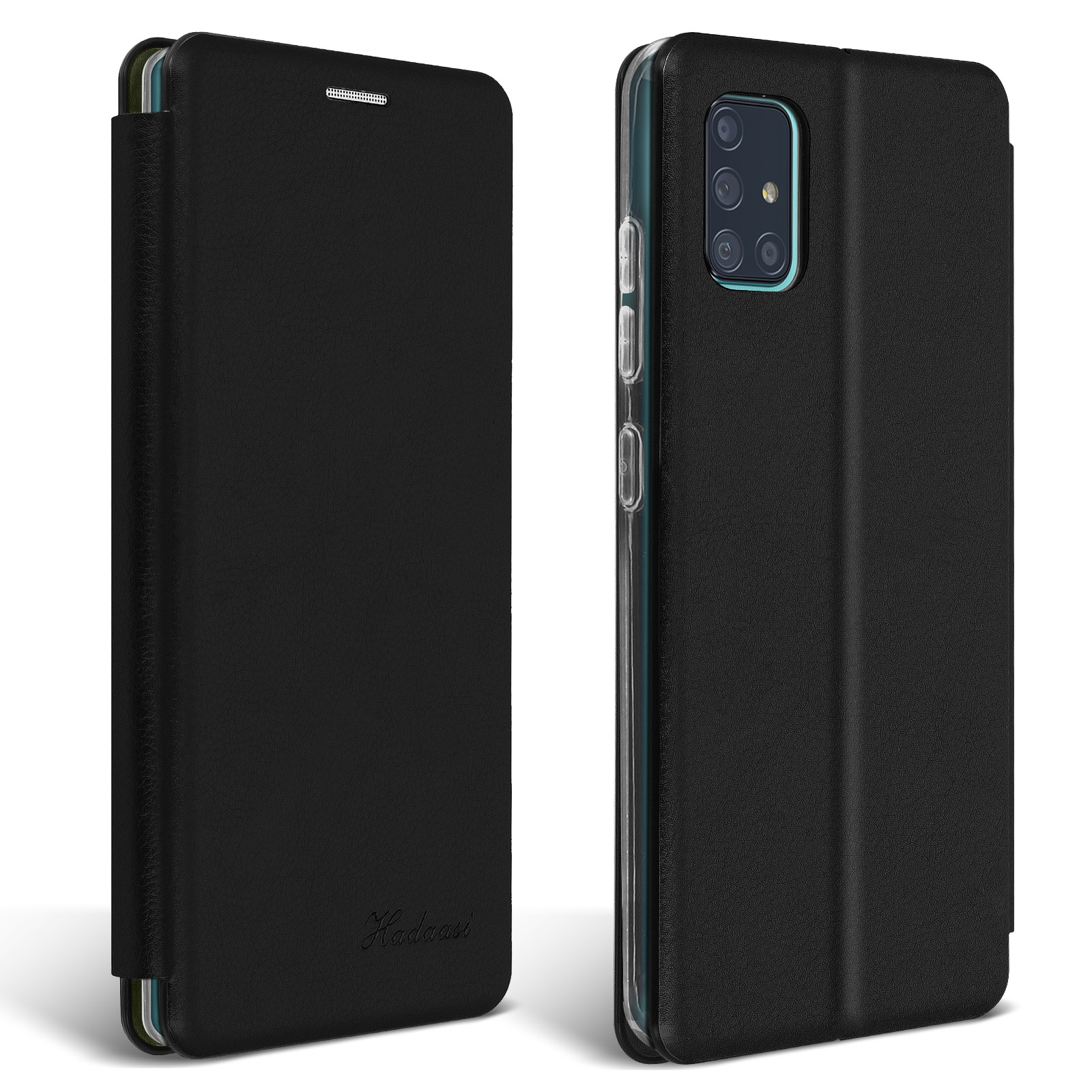 Schwarze Handyhülle, rechts offen, zeigt ein Telefon mit mehreren Kameras.