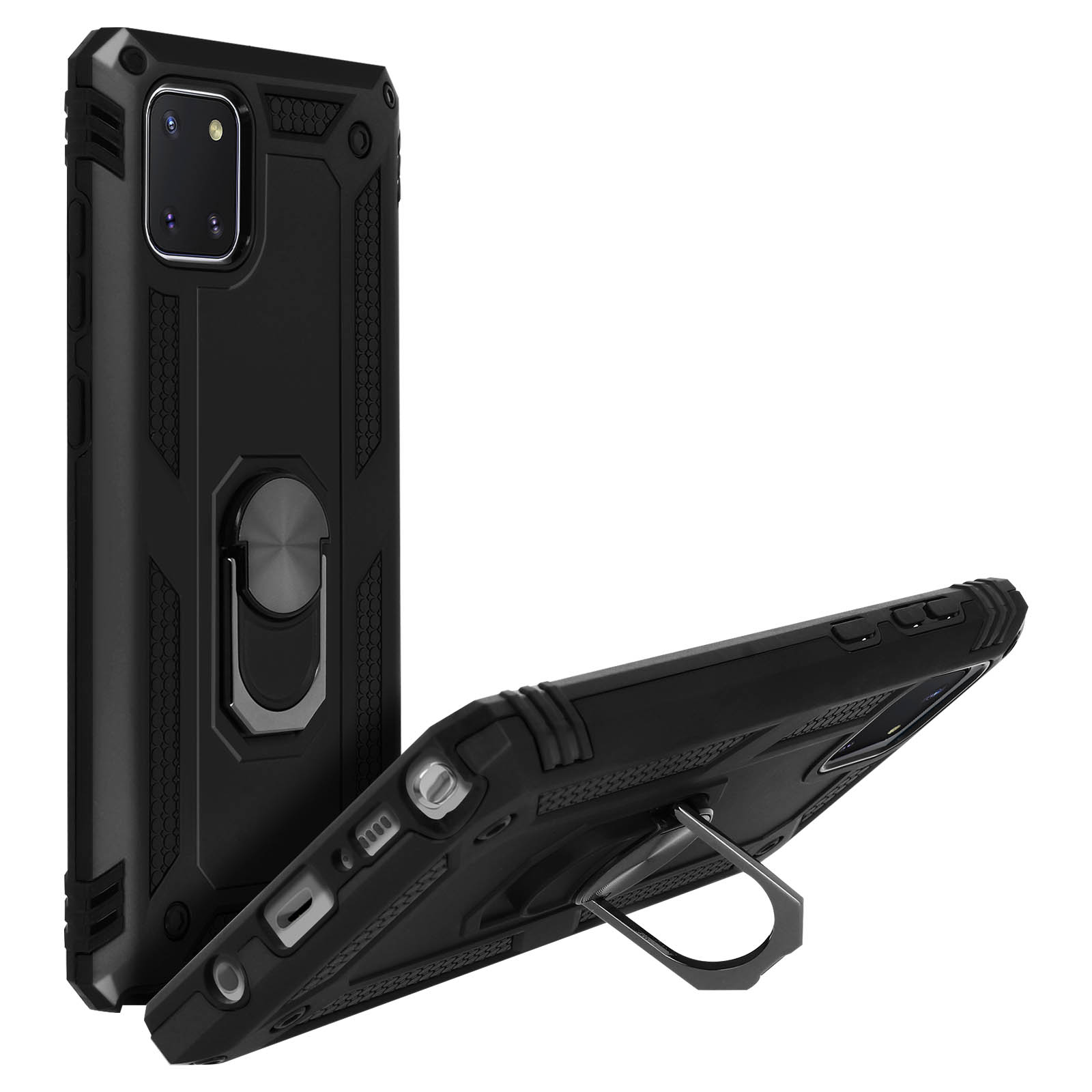Custodie per telefoni nere. Una con supporto ad anello. Sfondo bianco.