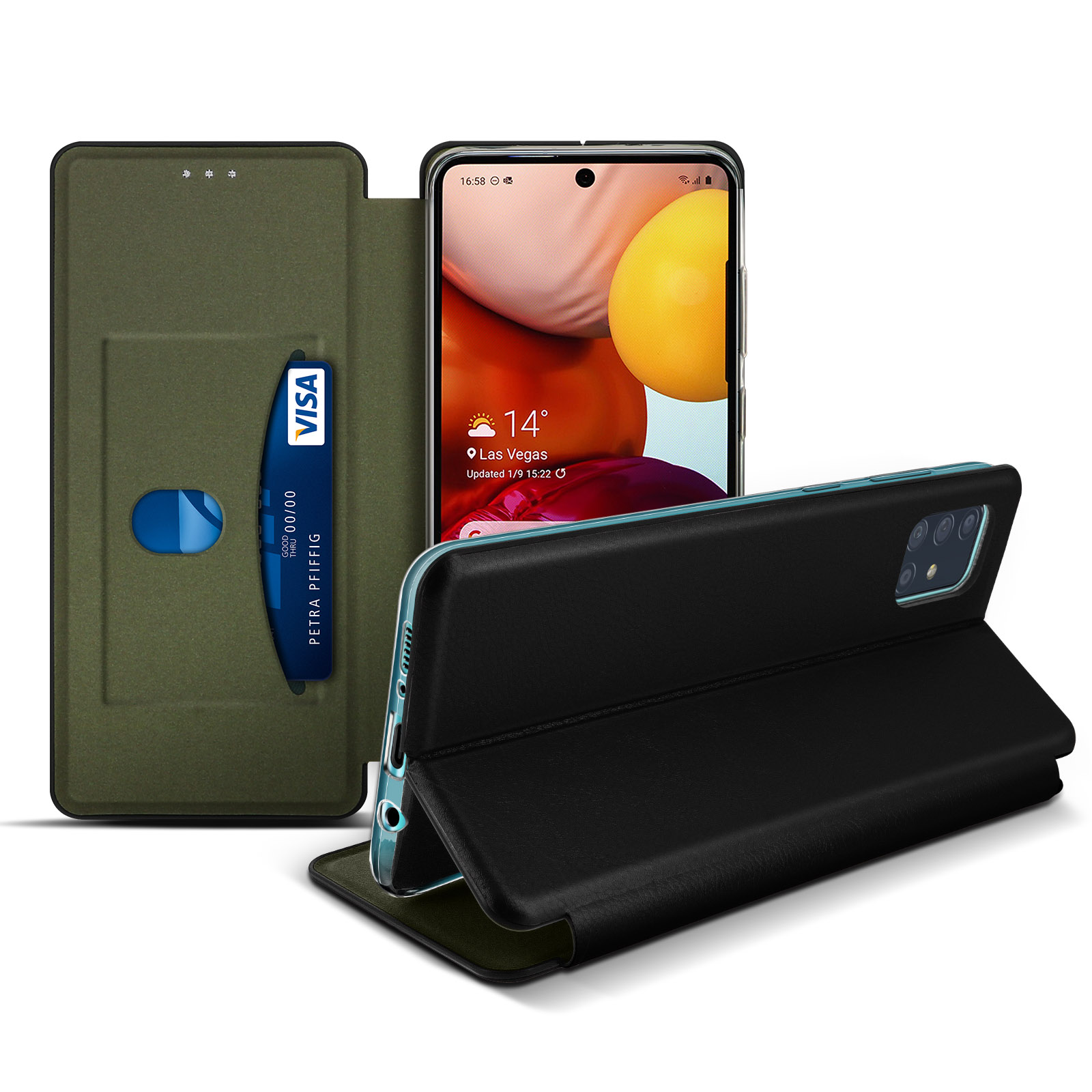 Schwarze Handyhülle mit Karte und Telefon. Telefon zeigt Stadtansicht. Hintergrund ist eine Wand.