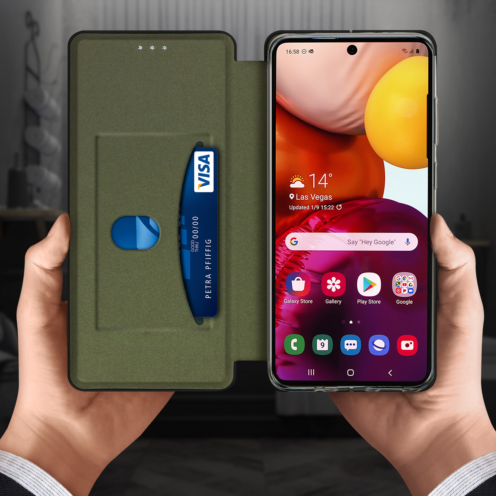 Ein Telefon in einer Hülle, das einen Bildschirm mit einer Karte und Apps zeigt. Die Hülle ist eine Brieftasche.