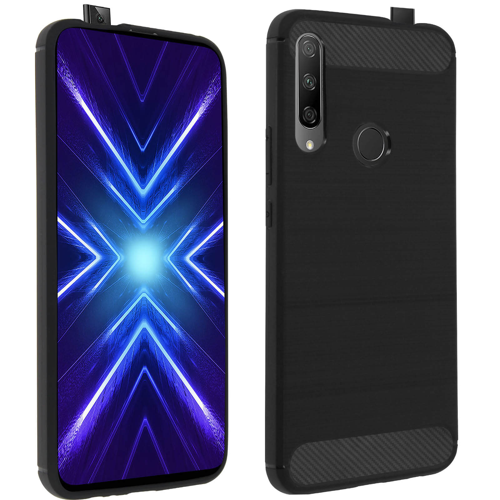 Een zwarte telefoonhoes met een scherm dat een blauw en paars lichtontwerp toont, en een achteraanzicht.
