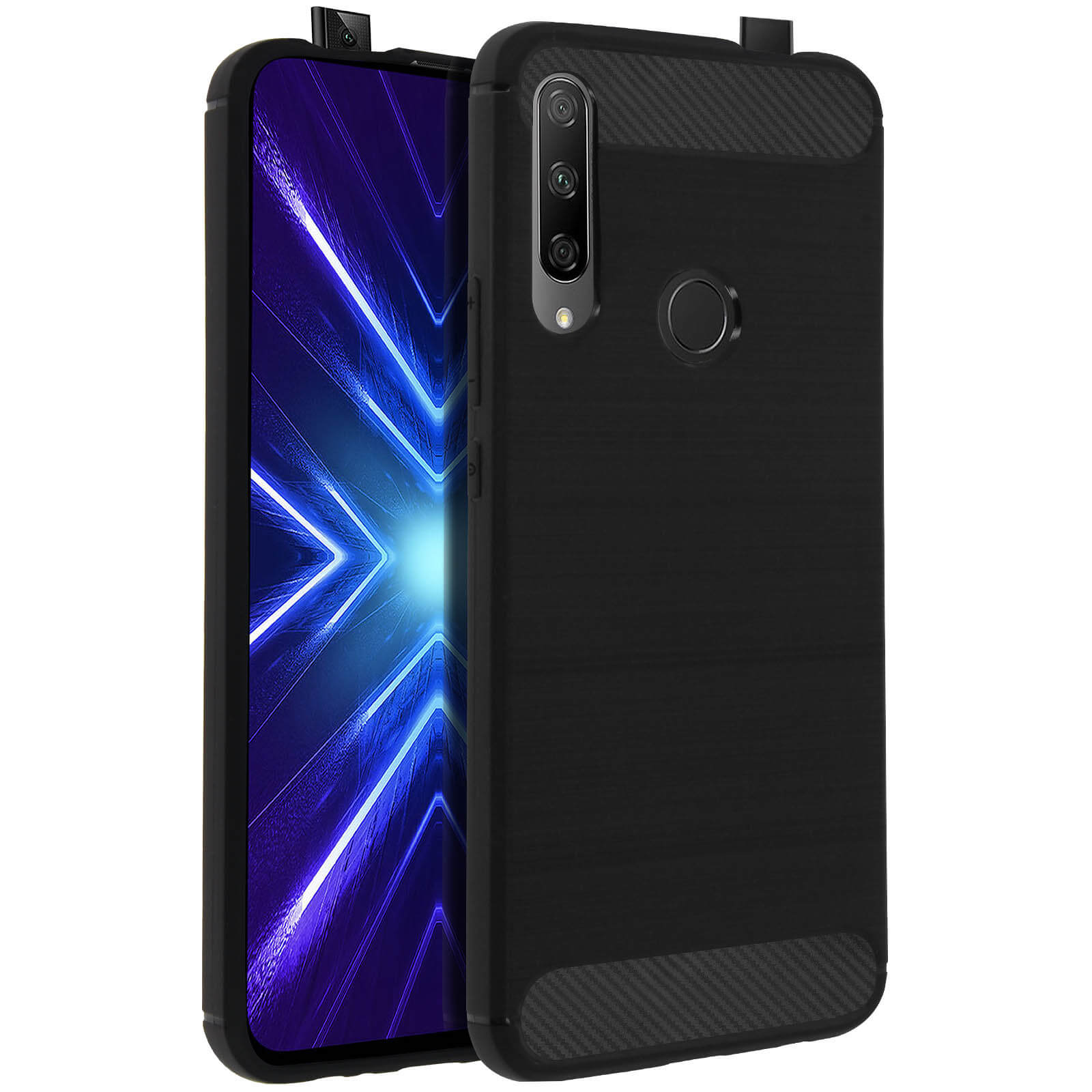 Zwarte telefoonhoes met een telefoon erin. Het telefoonscherm toont blauwe lijnen. Camera aan de achterkant.