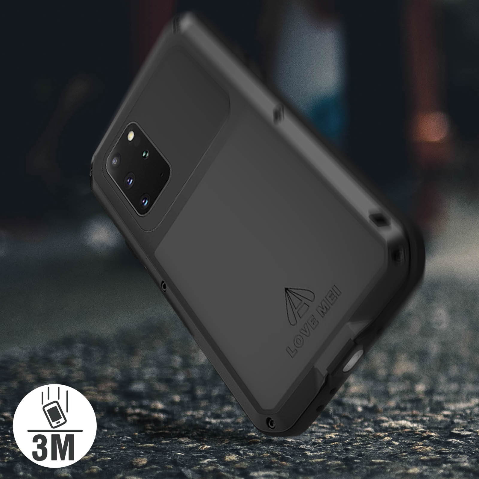 Custodia nera per telefono, angolata, con logo di protezione dalle cadute 3M. Logo LOVE MEI.