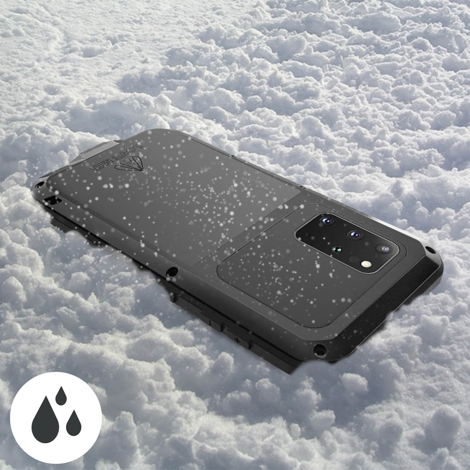 Custodia nera sulla neve. Icone gocce d'acqua in basso a sinistra.