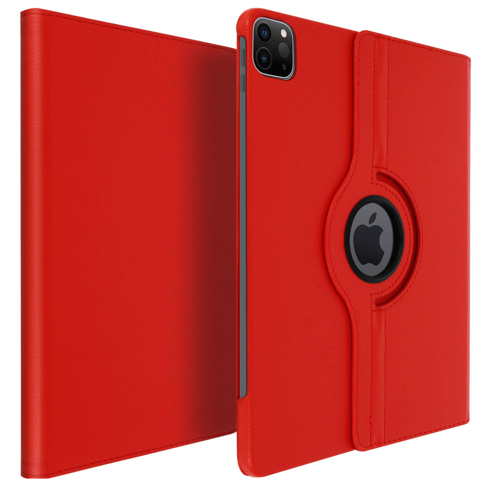 Custodia per tablet in pelle rossa, aperta che mostra il logo Apple. Modulo fotocamera nero. Design girevole.