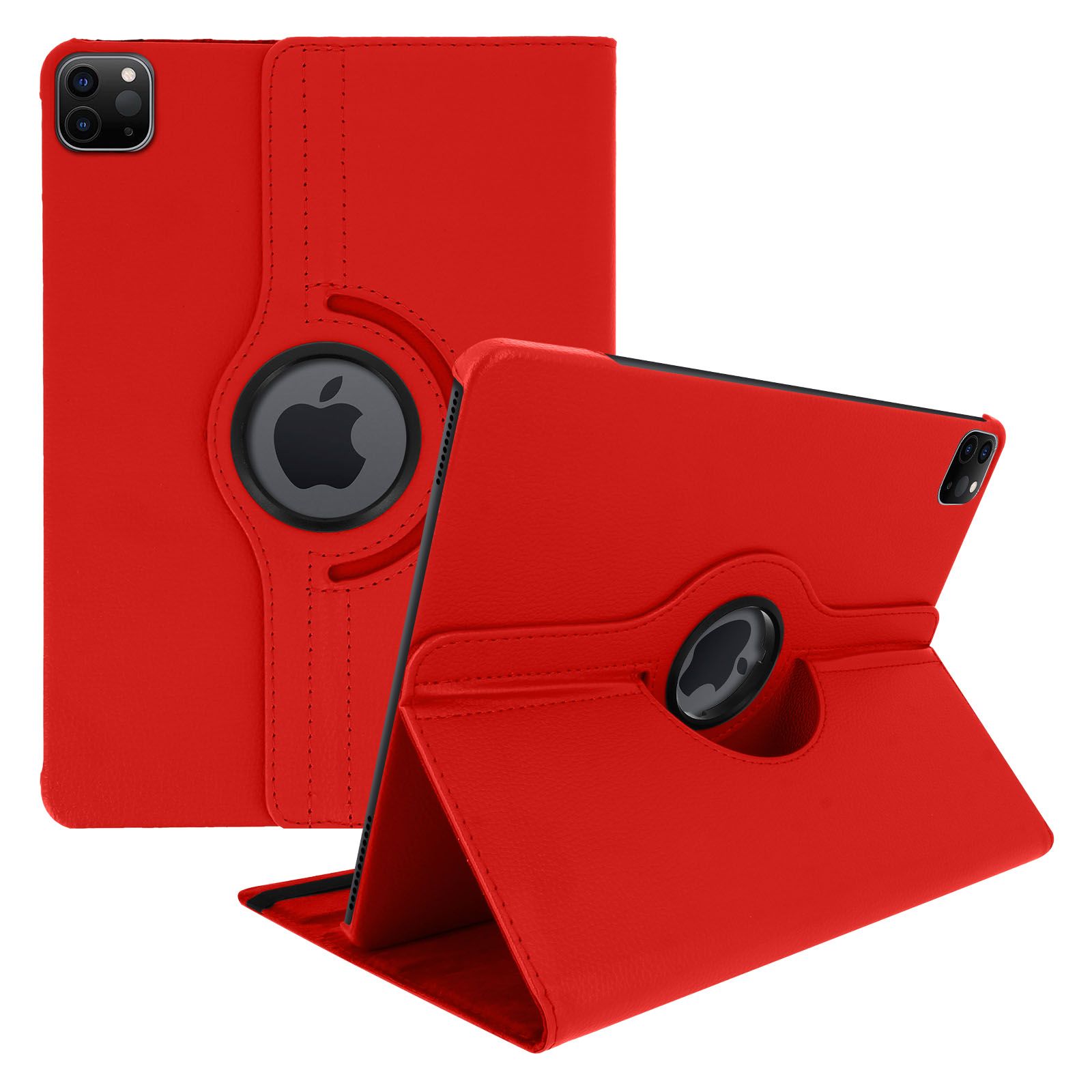 Custodia iPad rossa, con logo Apple nero. Due custodie esposte.