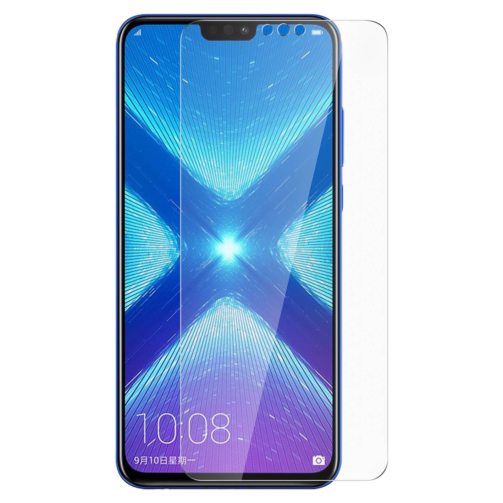 Un téléphone avec un protecteur d'écran. Le téléphone affiche l'heure et la date.