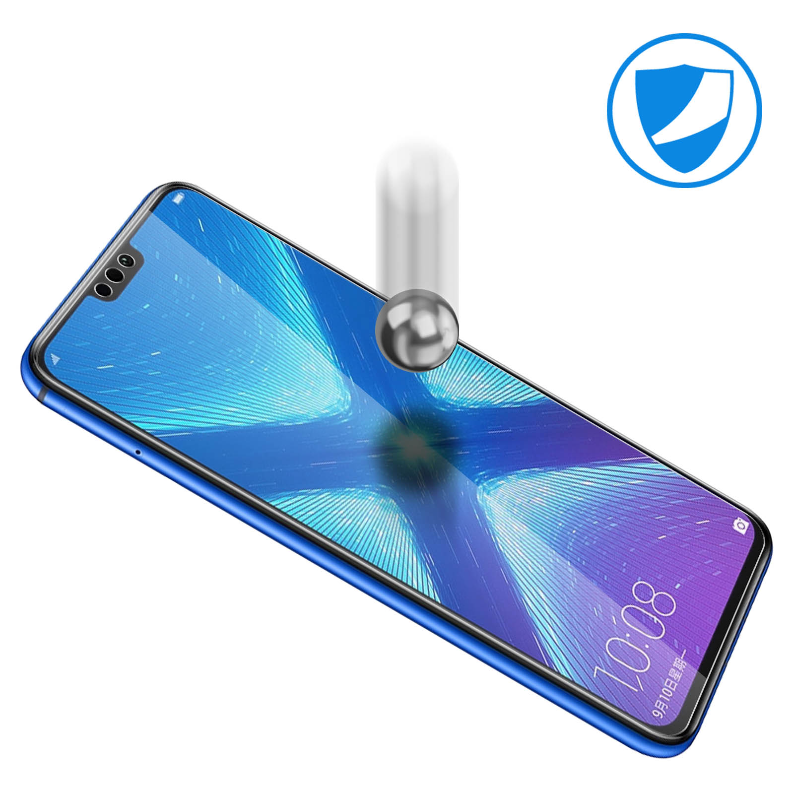 Un téléphone bleu avec un protecteur d'écran et une sphère métallique tombante. Une icône de bouclier est visible.