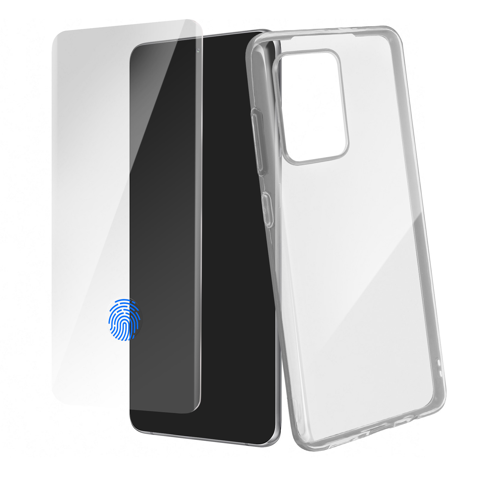 Smartphone con protezione schermo e custodia trasparente. Icona impronta digitale blu a sinistra.