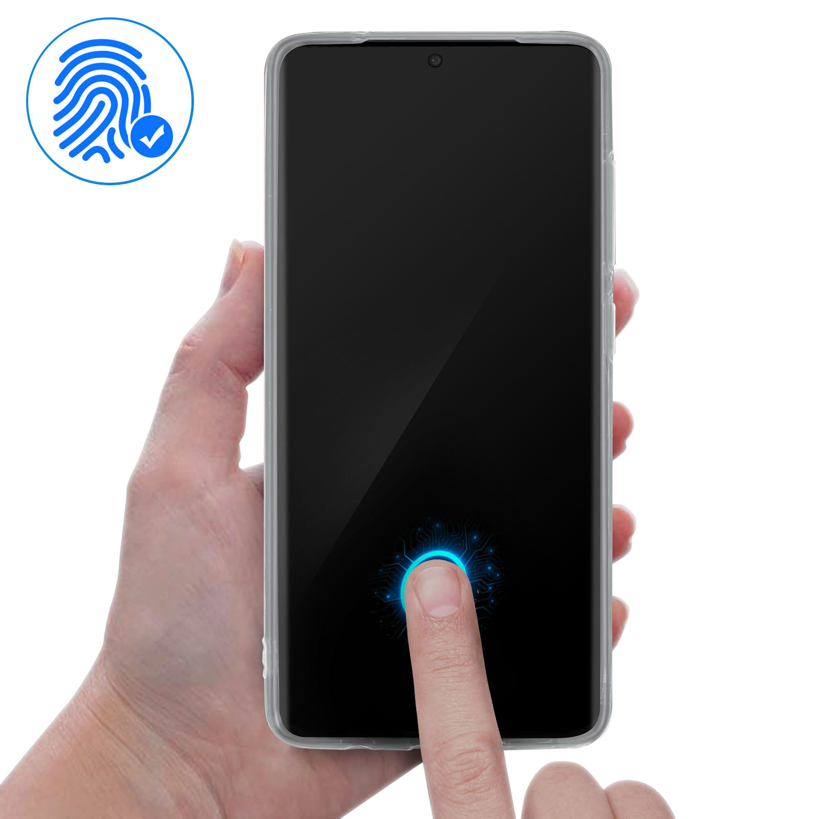 Mano che tocca lo schermo del telefono con icona impronta digitale. Sfondo bianco.