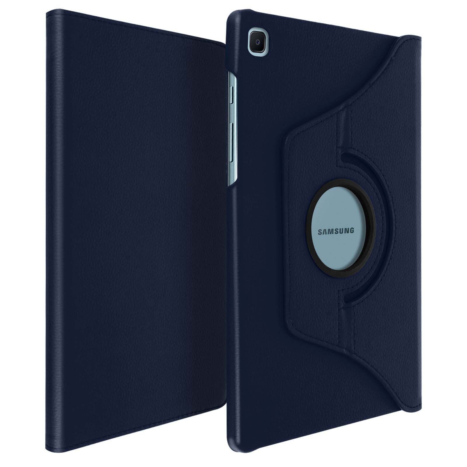 Una custodia per tablet blu navy, aperta. Il retro ha un cerchio rotante.