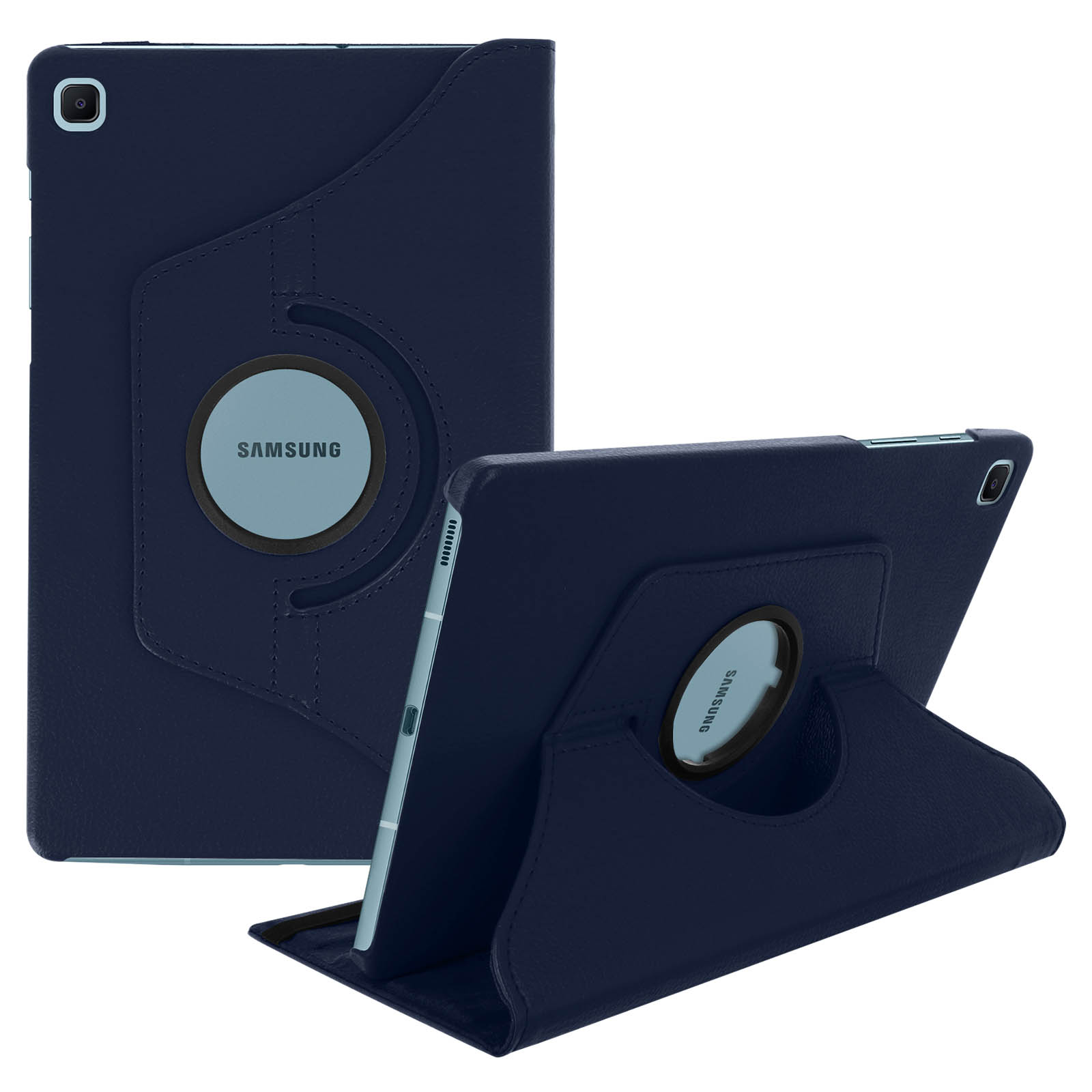 Custodia blu per tablet con supporto girevole. Il tablet è nella custodia.