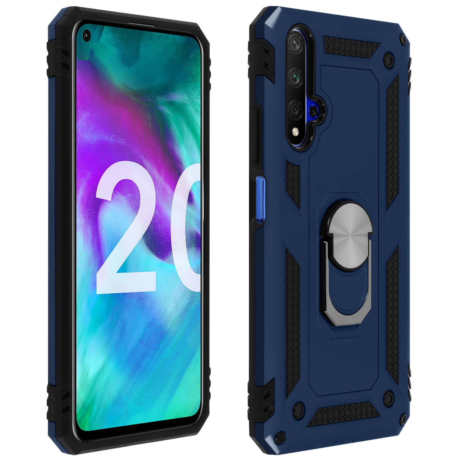 Smartphone avec un étui bleu et noir. Le téléphone est à gauche, l'étui à droite. Étui bleu.
