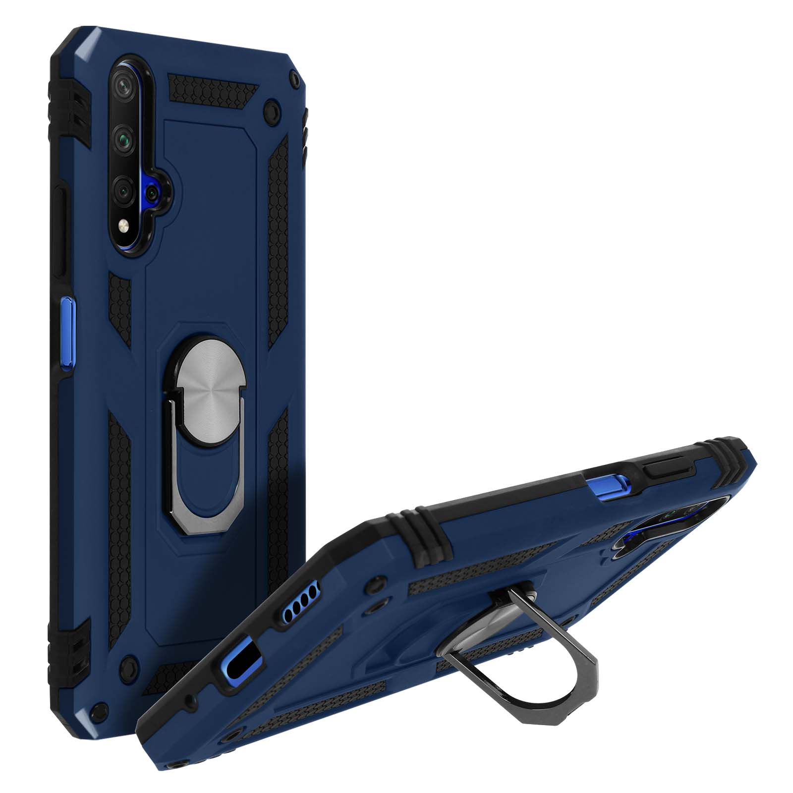 Un étui de téléphone bleu et noir avec une béquille annulaire. L'étui est sur une surface blanche.
