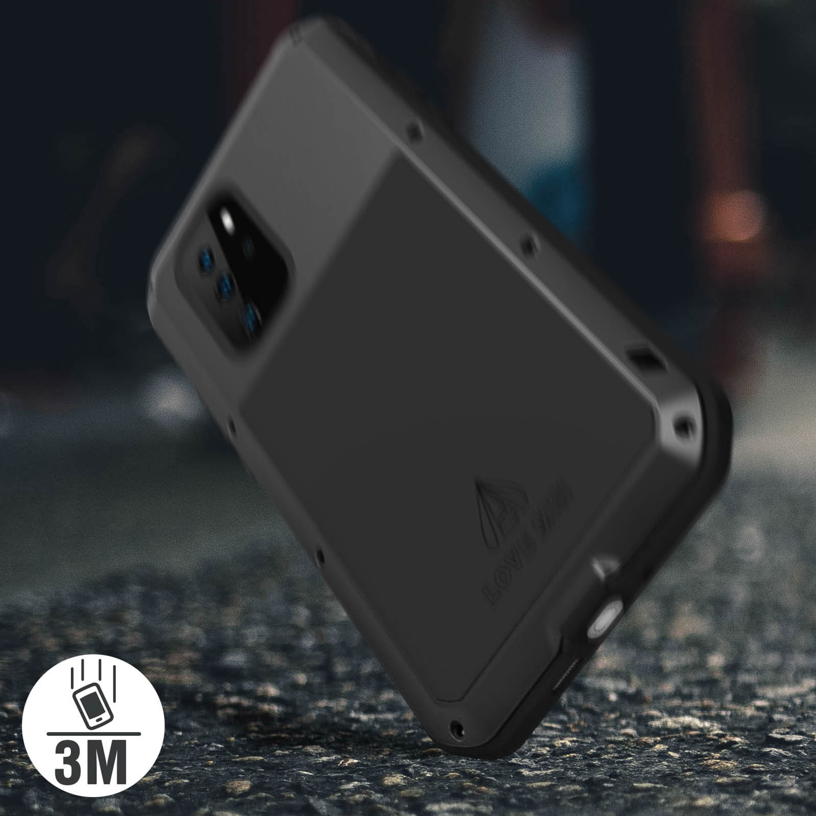 Una custodia nera per telefono su una superficie ruvida. La custodia ha un design robusto.