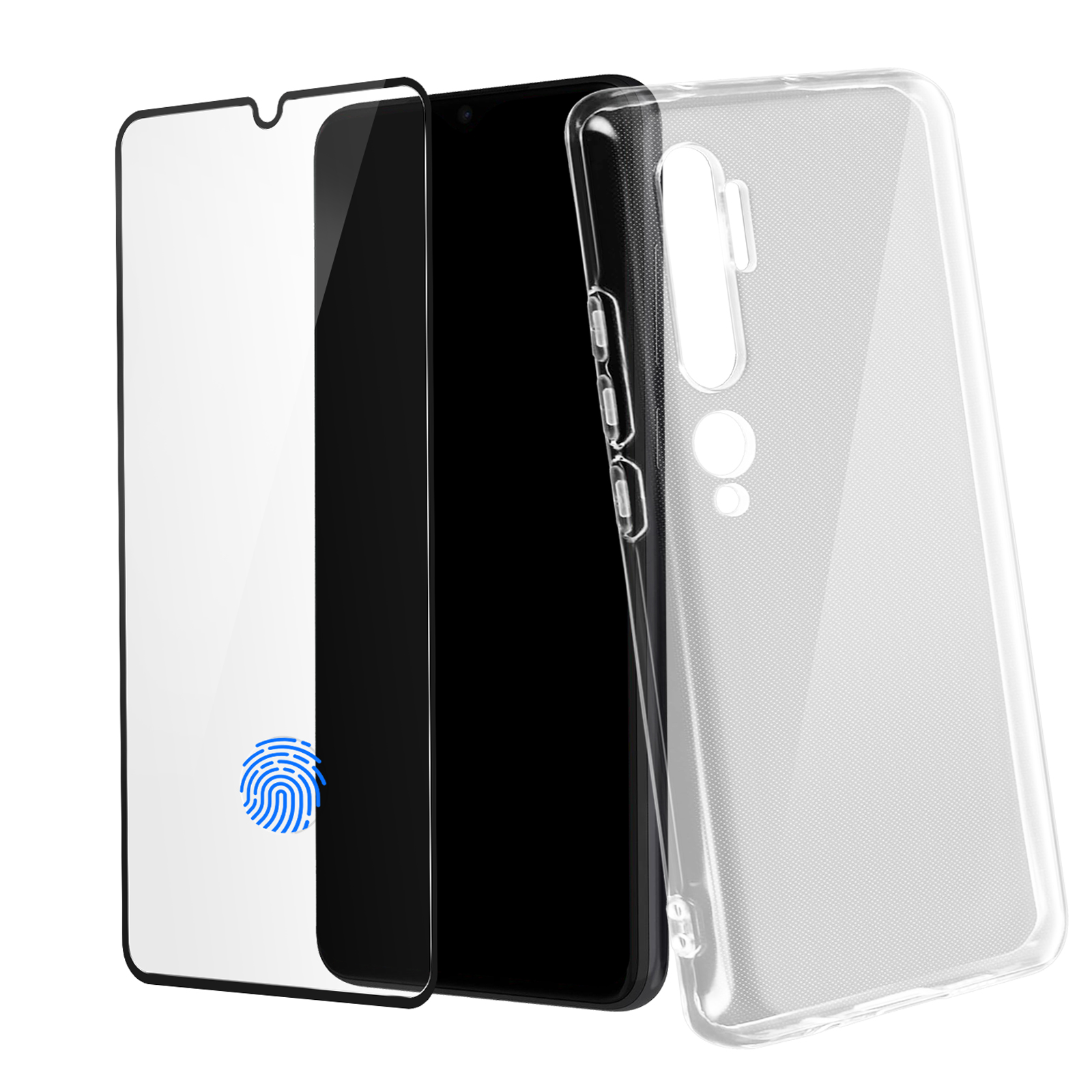 Un telefono, una protezione per lo schermo e una custodia trasparente vengono visualizzati. La protezione per lo schermo ha un'icona di impronta digitale.