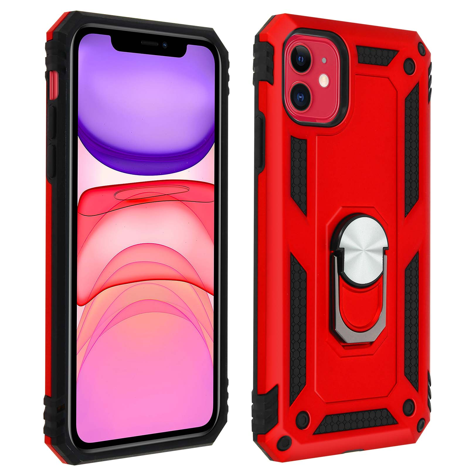 Custodia rossa, cornice nera e supporto ad anello, con telefono all'interno.