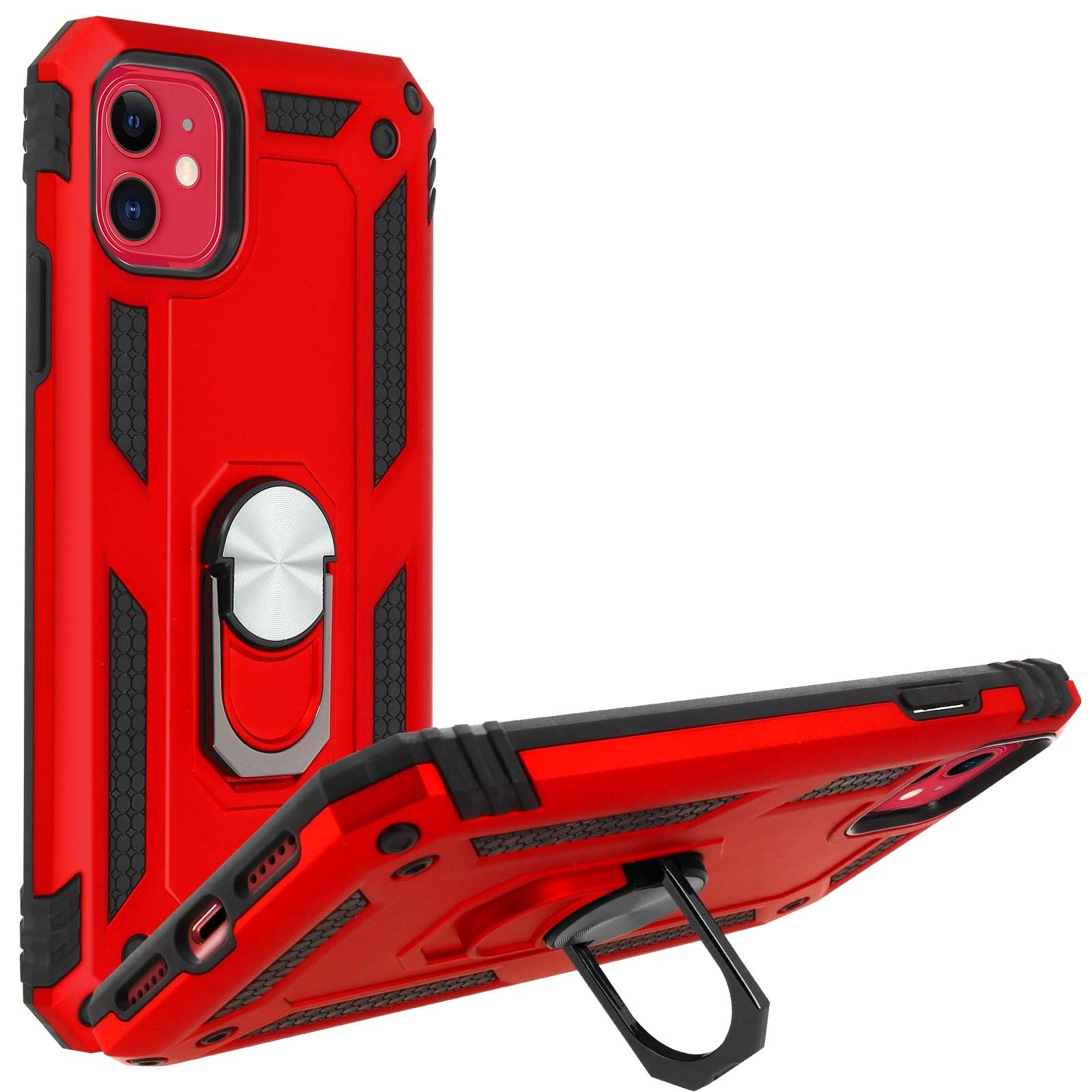 Custodia rossa per telefono con anello, con un'altra custodia sullo sfondo.