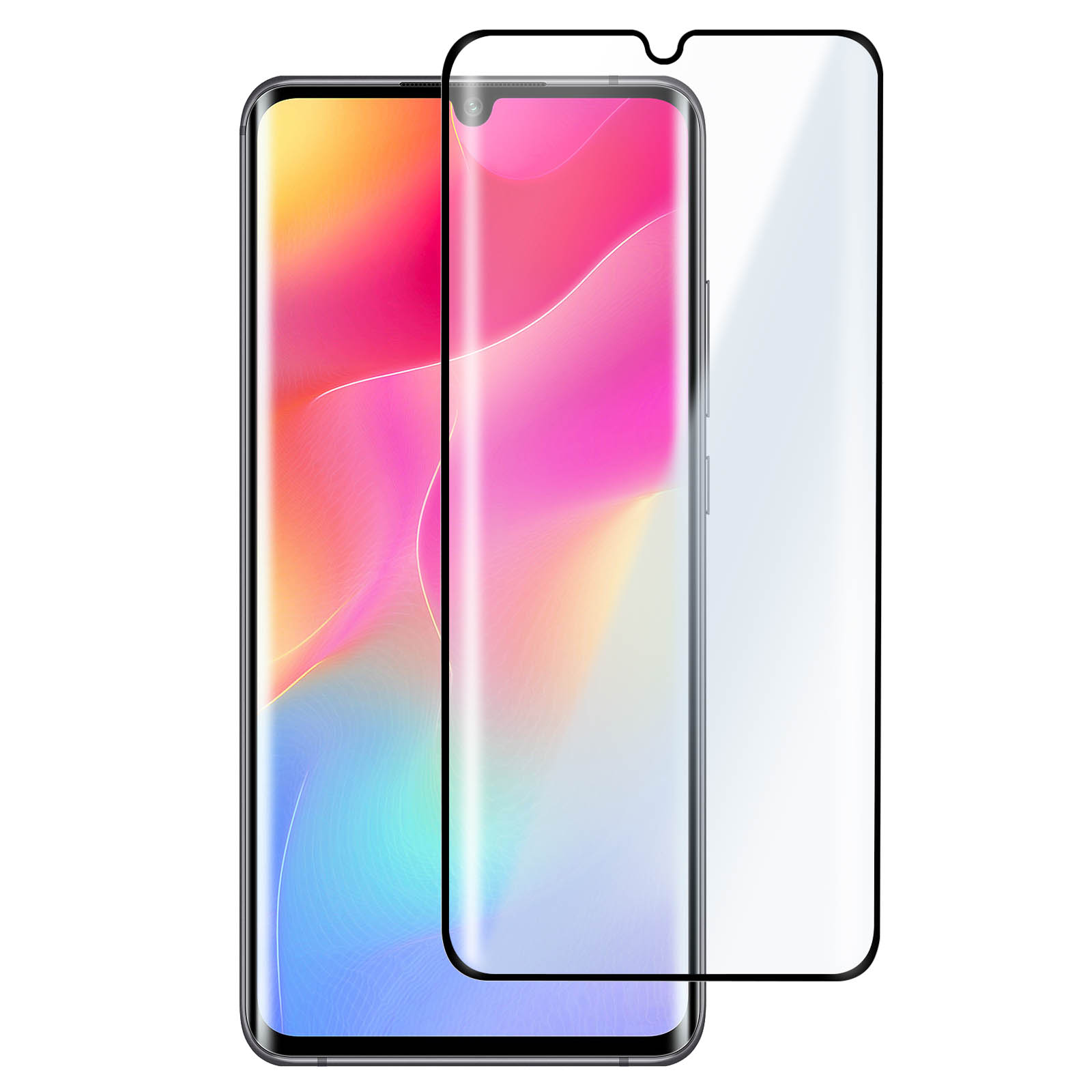 Uno schermo del telefono con uno strato di vetro protettivo, entrambi con bordi neri. Il telefono mostra uno sfondo sfumato colorato.