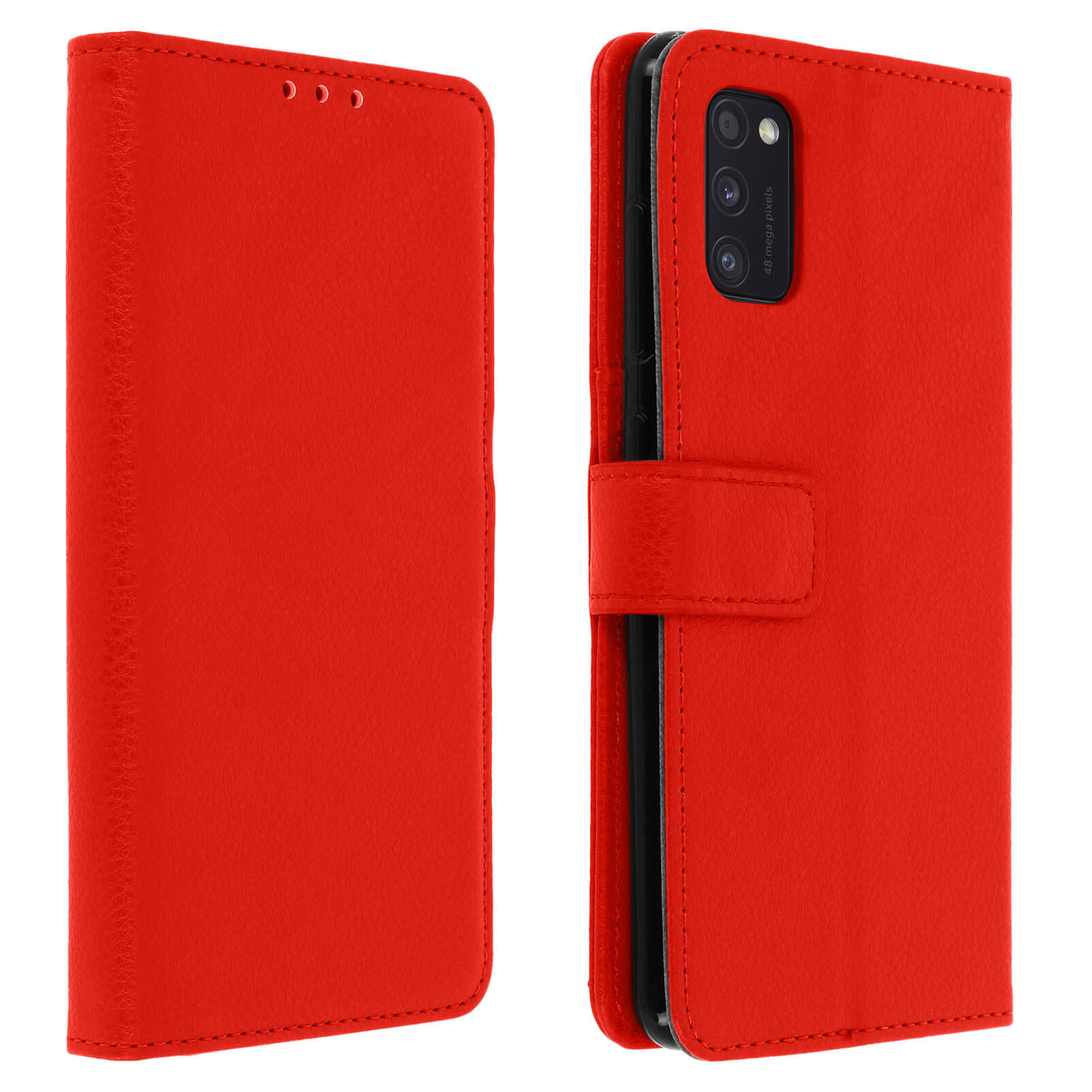 Étui de téléphone rouge ouvert, avec téléphone à l'intérieur. Montre l'appareil photo et les fonctionnalités du téléphone. L'étui est rouge.