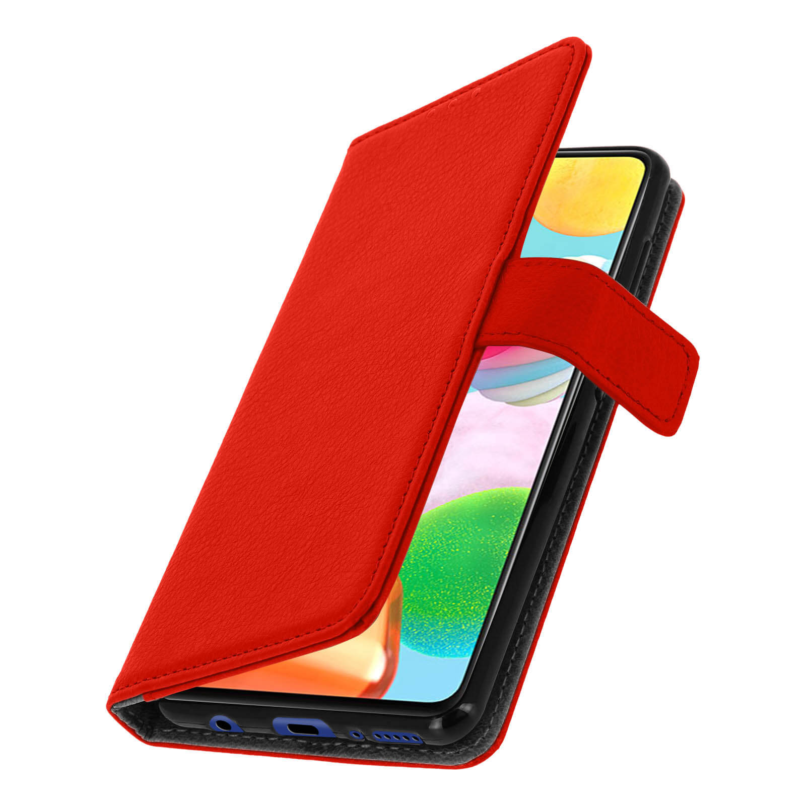 Étui de téléphone en cuir rouge, partiellement ouvert. Écran visible. Bordure noire.