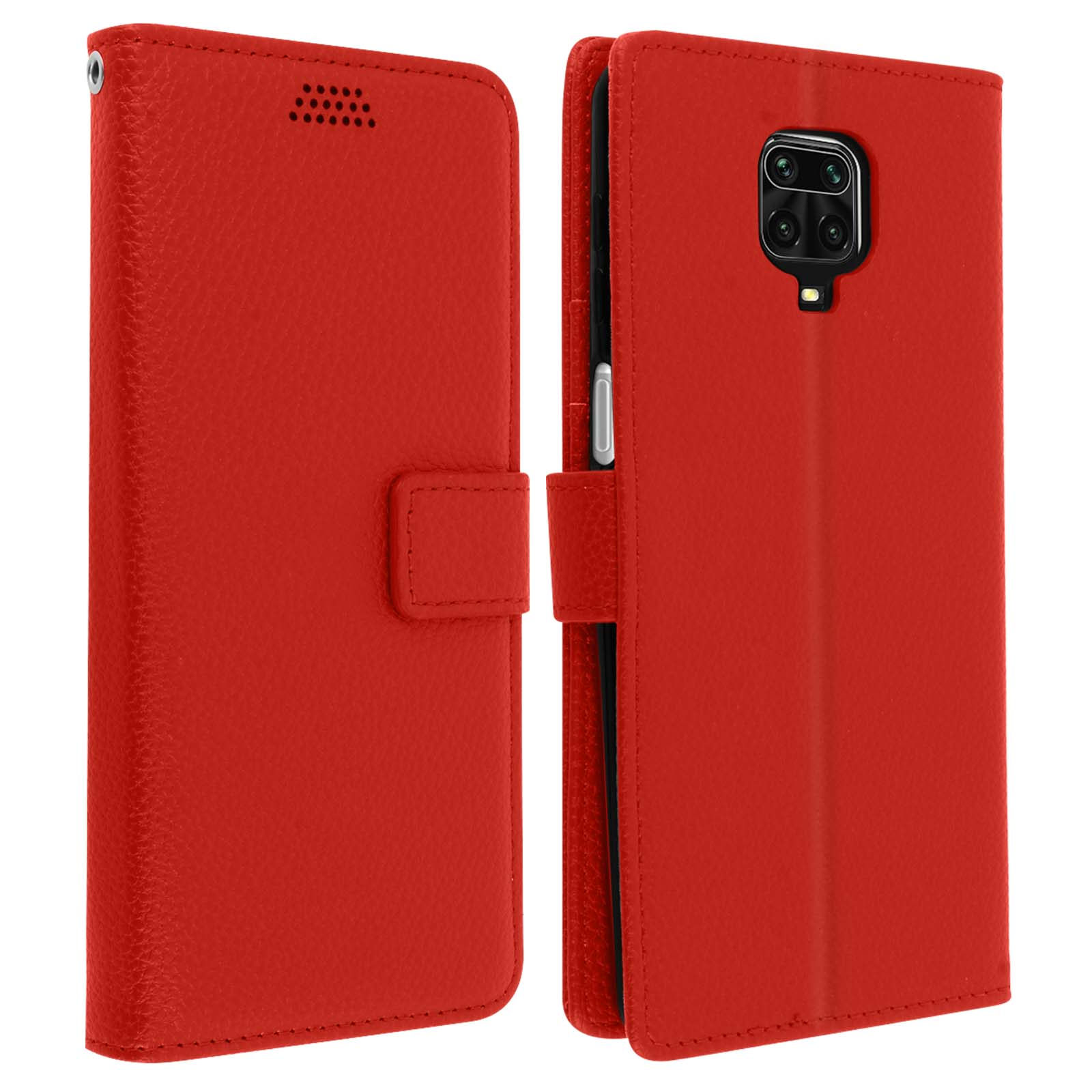 Rode telefoonhoes met een flipcover, een knoopsluiting en een camera-uitsparing. Hij is open.